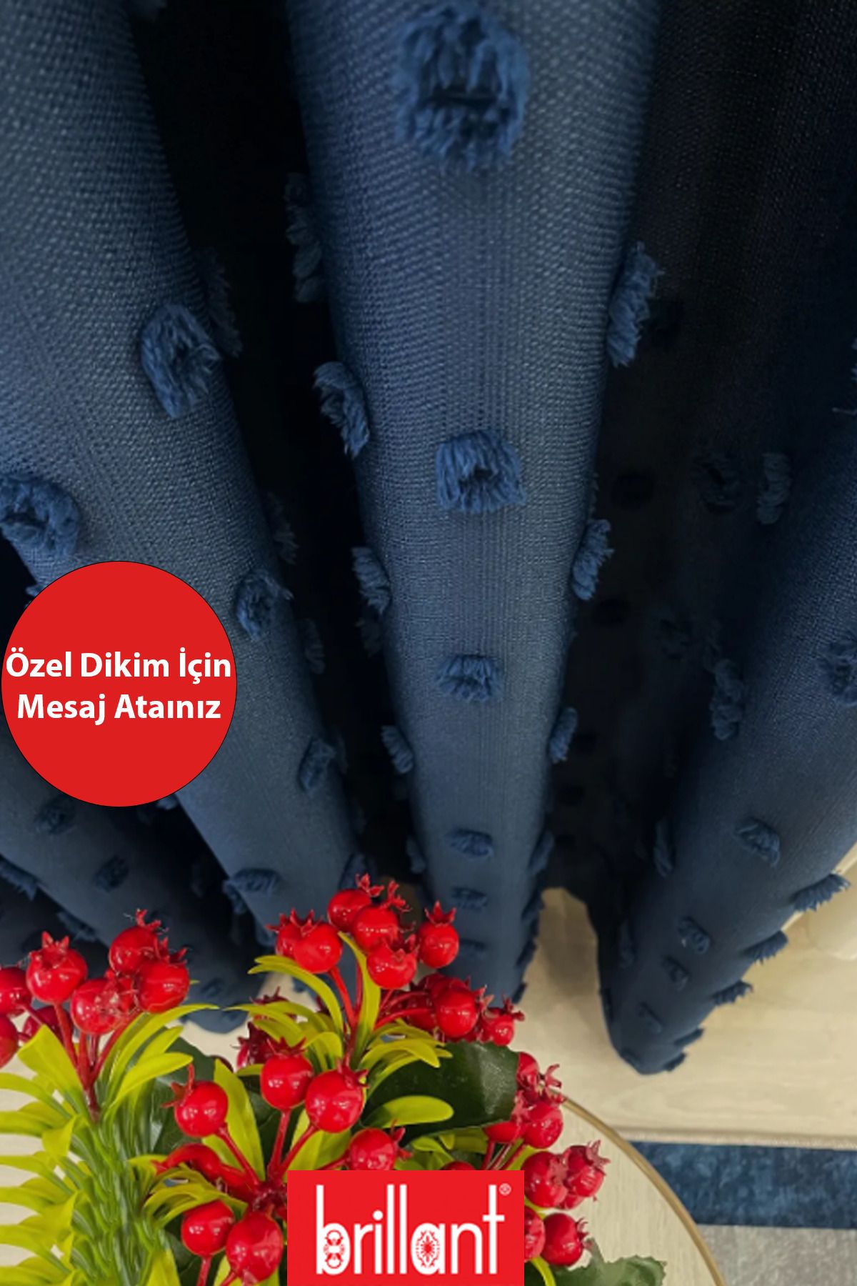 Perde Pendik Fon Perde Lacivert Pufy Brillant Püsküllü, Ponponlu, Saçaklı Fon Perde Sık Pileli Keten Pano Fon