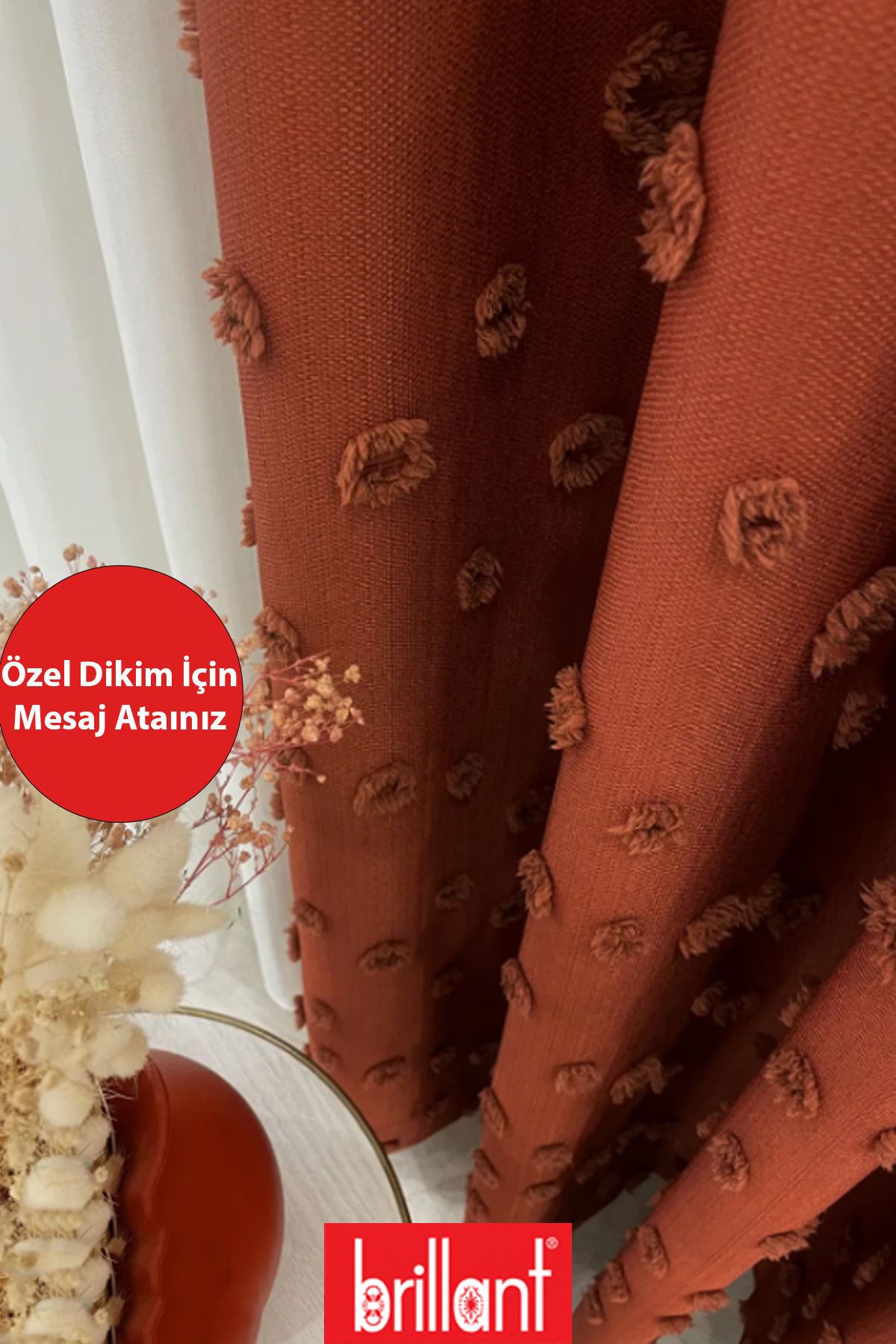 Perde Pendik Fon Perde Kiremit Pufy Brillant Püsküllü, Ponponlu, Saçaklı Fon Perde Sık Pileli Keten Pano Fon