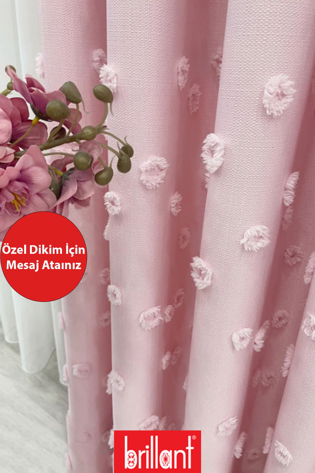 Perde Pendik Fon Perde Şeker Pembe Pufy Brillant Püsküllü, Ponponlu, Saçaklı Fon Perde Sık Pileli Keten Pano Fon