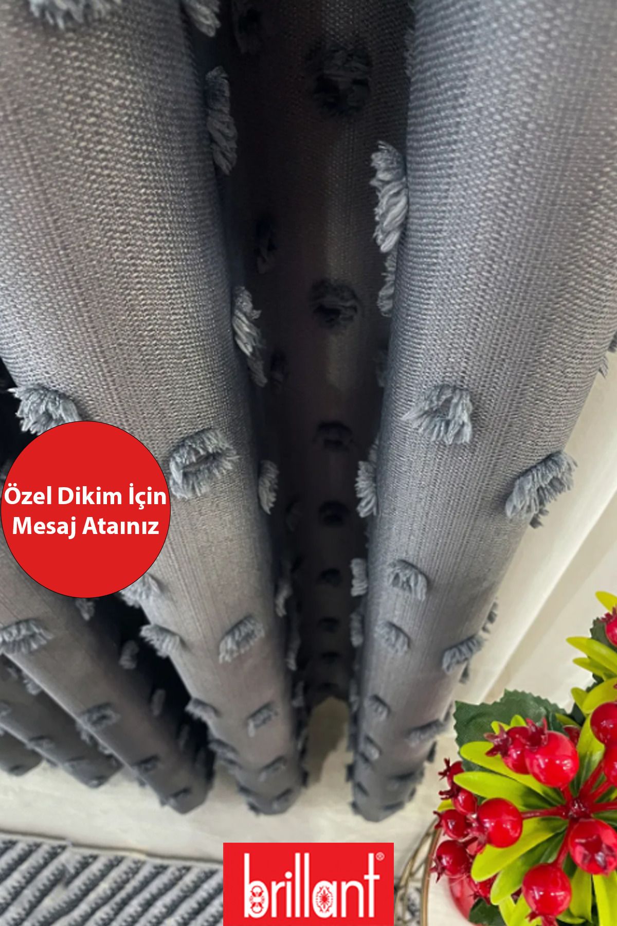 Perde Pendik Fon Perde Koyu Gri Pufy Brillant Püsküllü, Ponponlu, Saçaklı Fon Perde Sık Pileli Keten Pano Fon