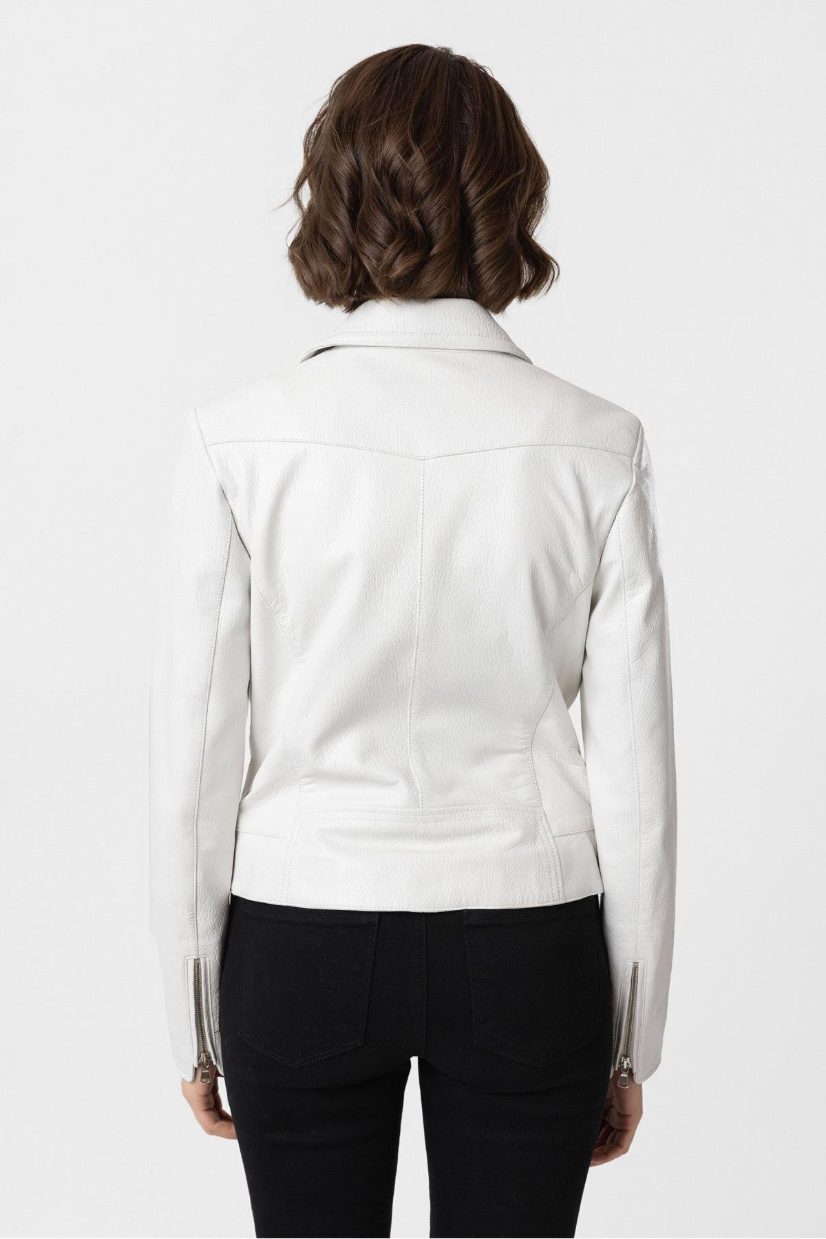 Deriderim  Beyaz Stella Çıt Çıt Detaylı Yandan Fermuarlı Biker Hakiki Deri Kadın Mont - Görsel 6