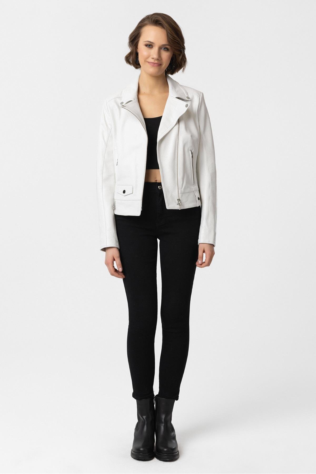 Deriderim  Beyaz Stella Çıt Çıt Detaylı Yandan Fermuarlı Biker Hakiki Deri Kadın Mont - Görsel 4