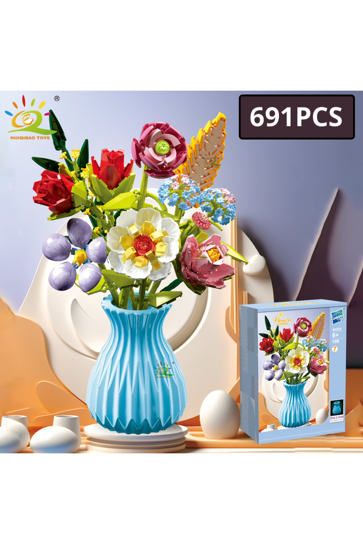 A7 با گلدان و جعبه HUIQIBAO MOC مدل گل‌سازی با بلوک‌های ساختمانی سه‌بعدی دسته‌گل گیاهان آفتابگردان رز بریک