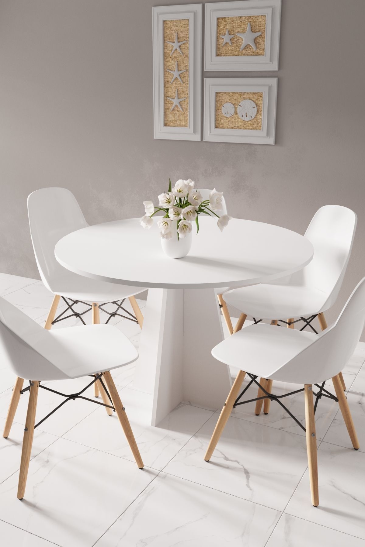 HMC DECOR Modern Yuvarlak 100cm Yemek Masası-mutfak Masası Mat Beyaz (SANDALYELER TEMSİLİDİR)