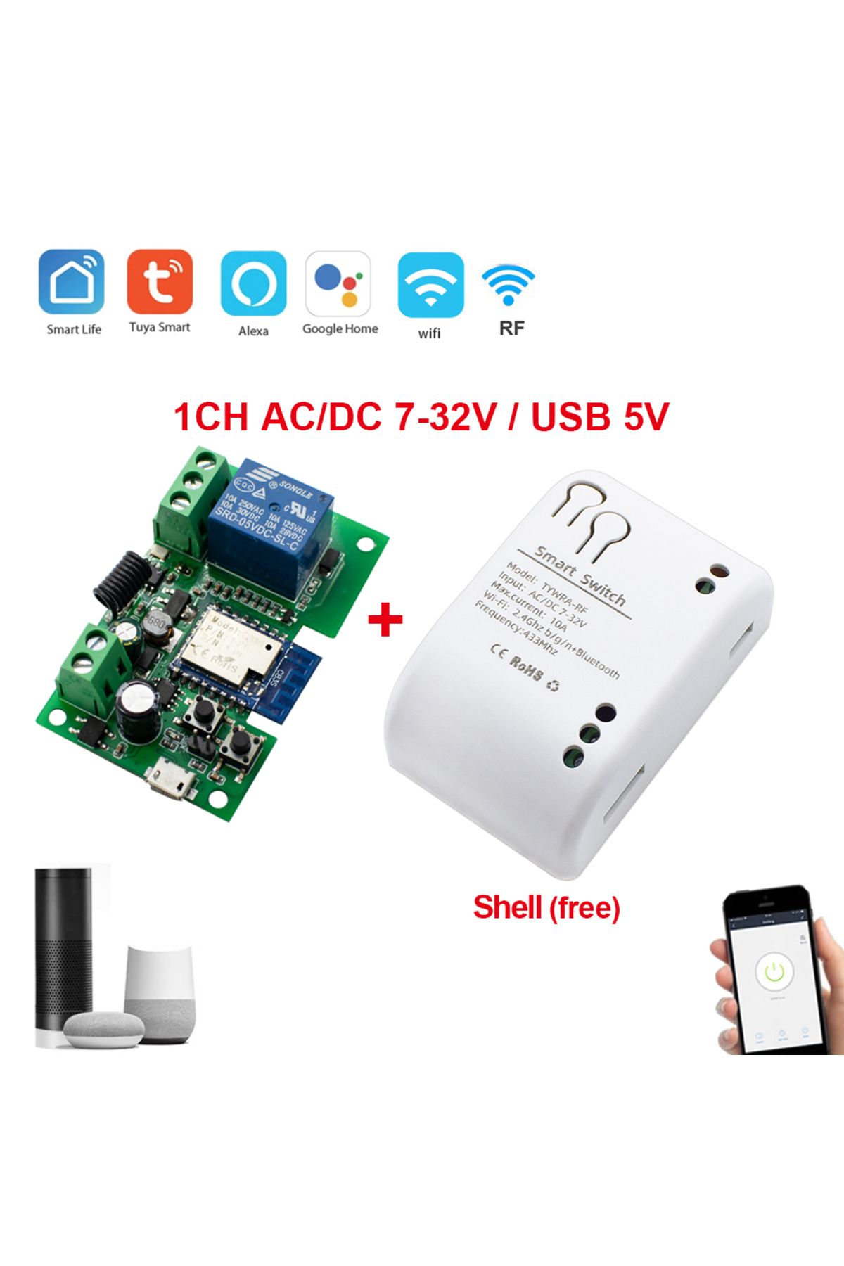 Choice-Ac Dc 7-32v Case Wifi Smart Garage Door Opener Switch Sliding Gate Controller Work With Alexa Echo 1