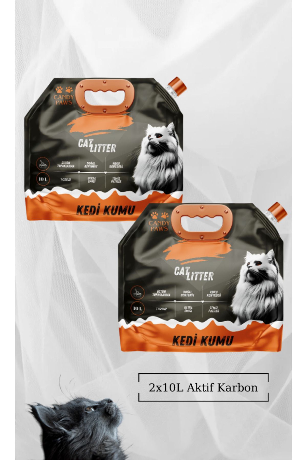 Candy Paws 2x10L Aktif Karbon Kedi Kumu Üstün Topaklanma Tozsuz Yeni Nesil Ambalaj