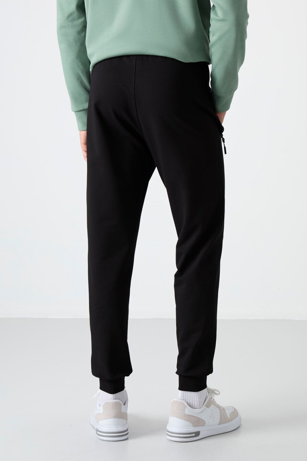 TOMMY LIFE-Black Jogger Men's Sweatpants - Zippered and Pocketed, Standard Size - 84587 5