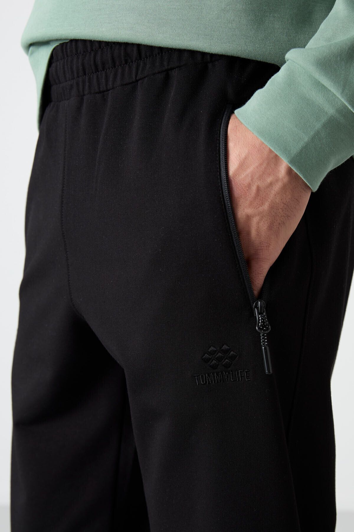 TOMMY LIFE-Black Jogger Men's Sweatpants - Zippered and Pocketed, Standard Size - 84587 3
