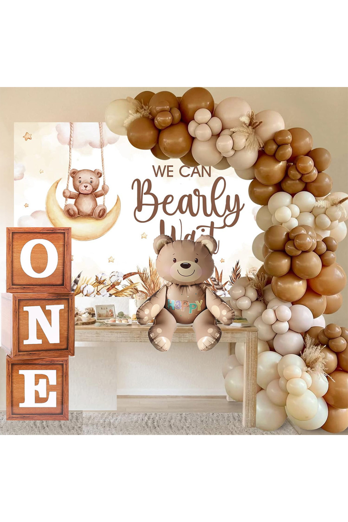 Patladı Gitti Oyuncak Ayı Temalı 1 Yaş Doğum Günü Seti; Ahşap Görünümlü One Kutu, Ayıcık Folyo Ve Retro Balon Zinc