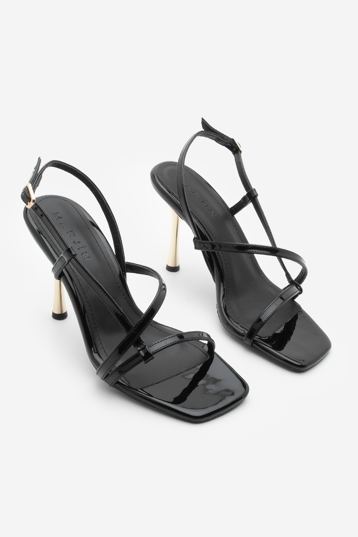 Marjin-Women's Blunt Toe Strappy Gold Heeled Ankle Strap Heeled Sandals Yonsa Black Patent Leather 5
