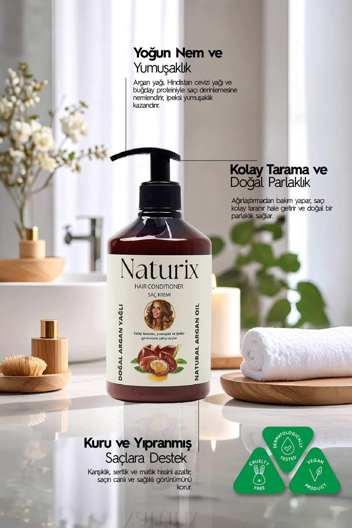 Argan Yağlı Saç Bakım Kremi | Tuzsuz, Tüm Saç Tipleri Için Onarıcı Bakım - 500 ml — 8697447292826 — تصویر 2 از 4
