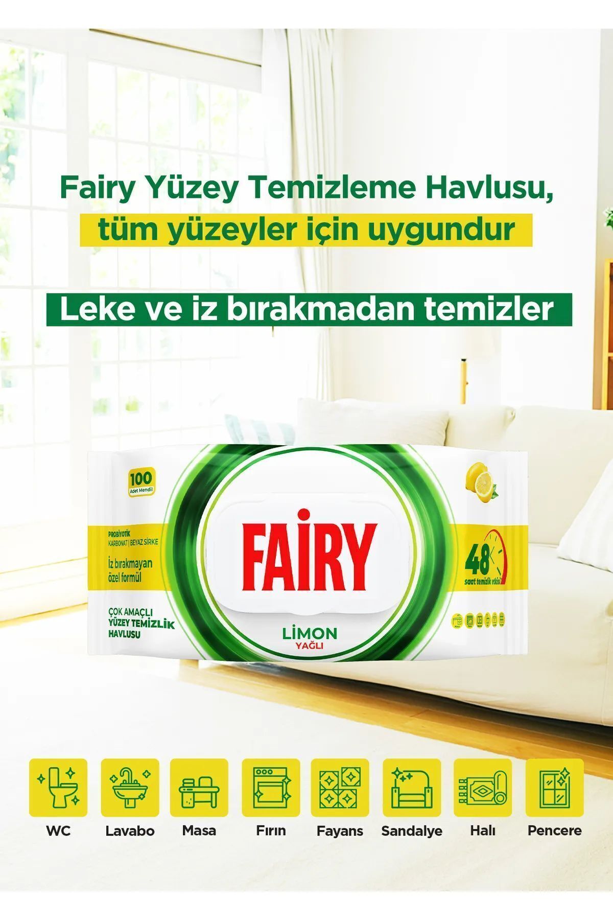 Fairy Çok Amaçlı Yüzey Temizleme Mendili 100 Yaprak | Limon Yağlı | Beyaz Sabun | fotoğrafı 4 (önizleme)