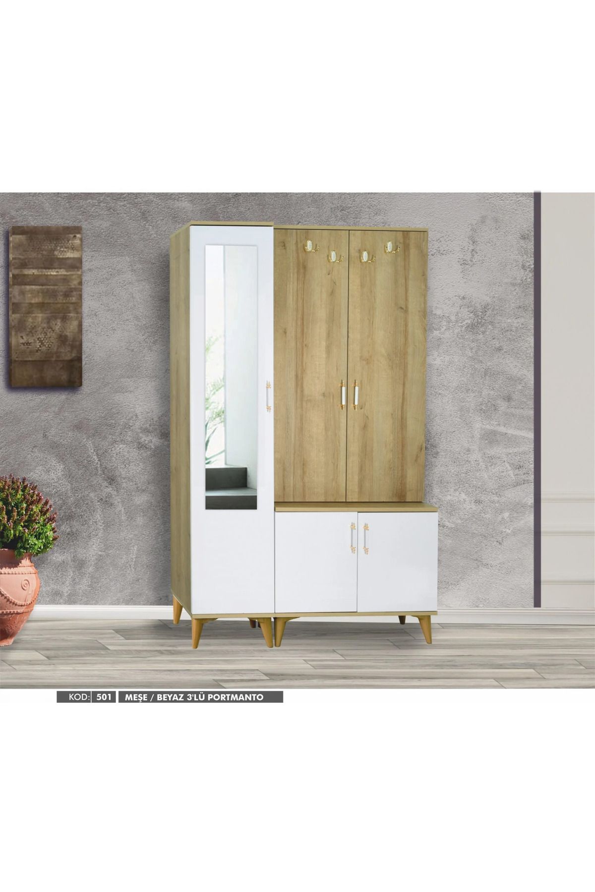 Yuvaset Home 3 Kapılı Aynalı Çam/Beyaz Portmanto