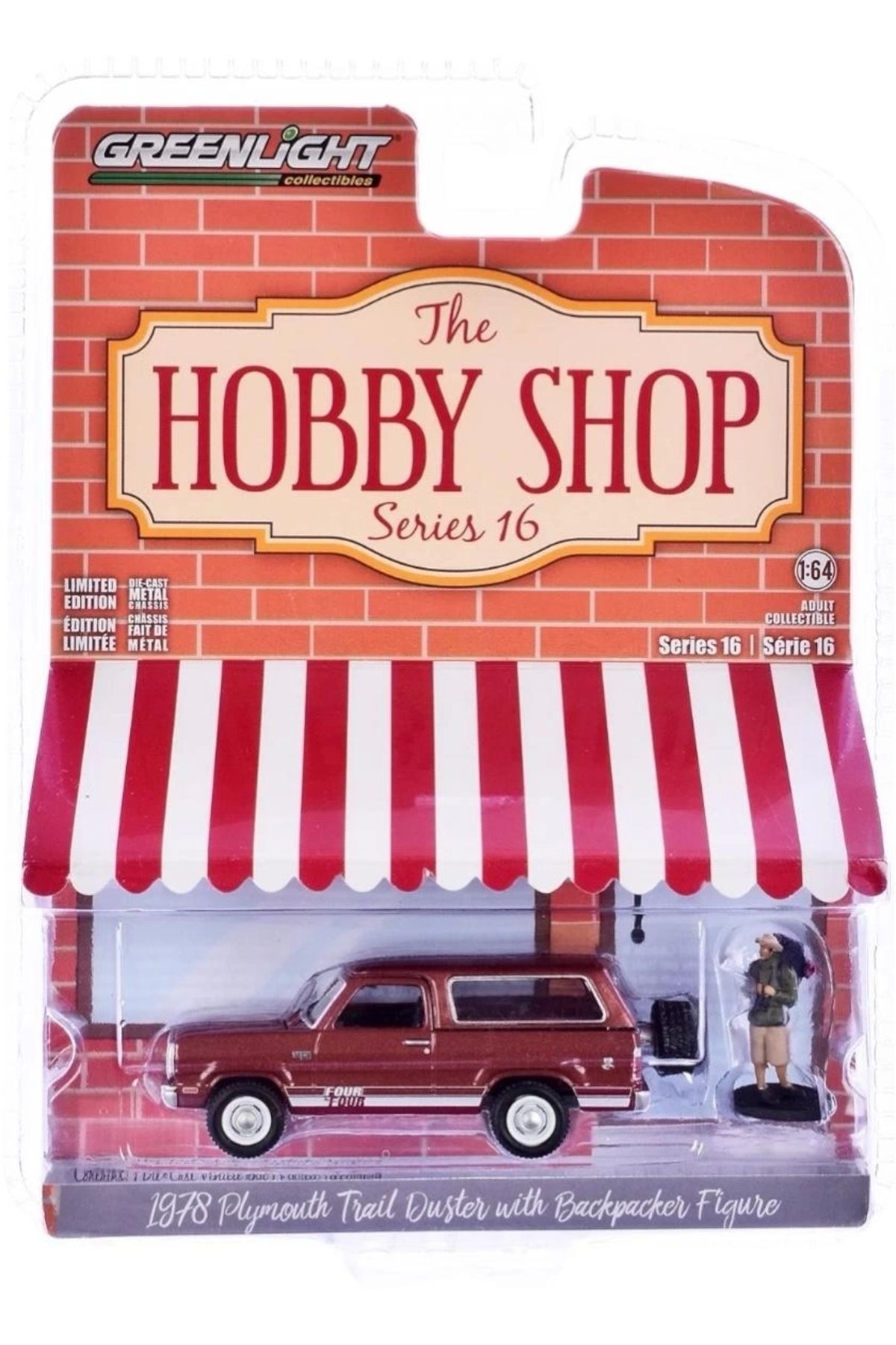 Green Lighting Greenlight 1/64 The Hobby Shop Series 16- 1978 Plymouth Trail Duster wiht Backpacker Figure
