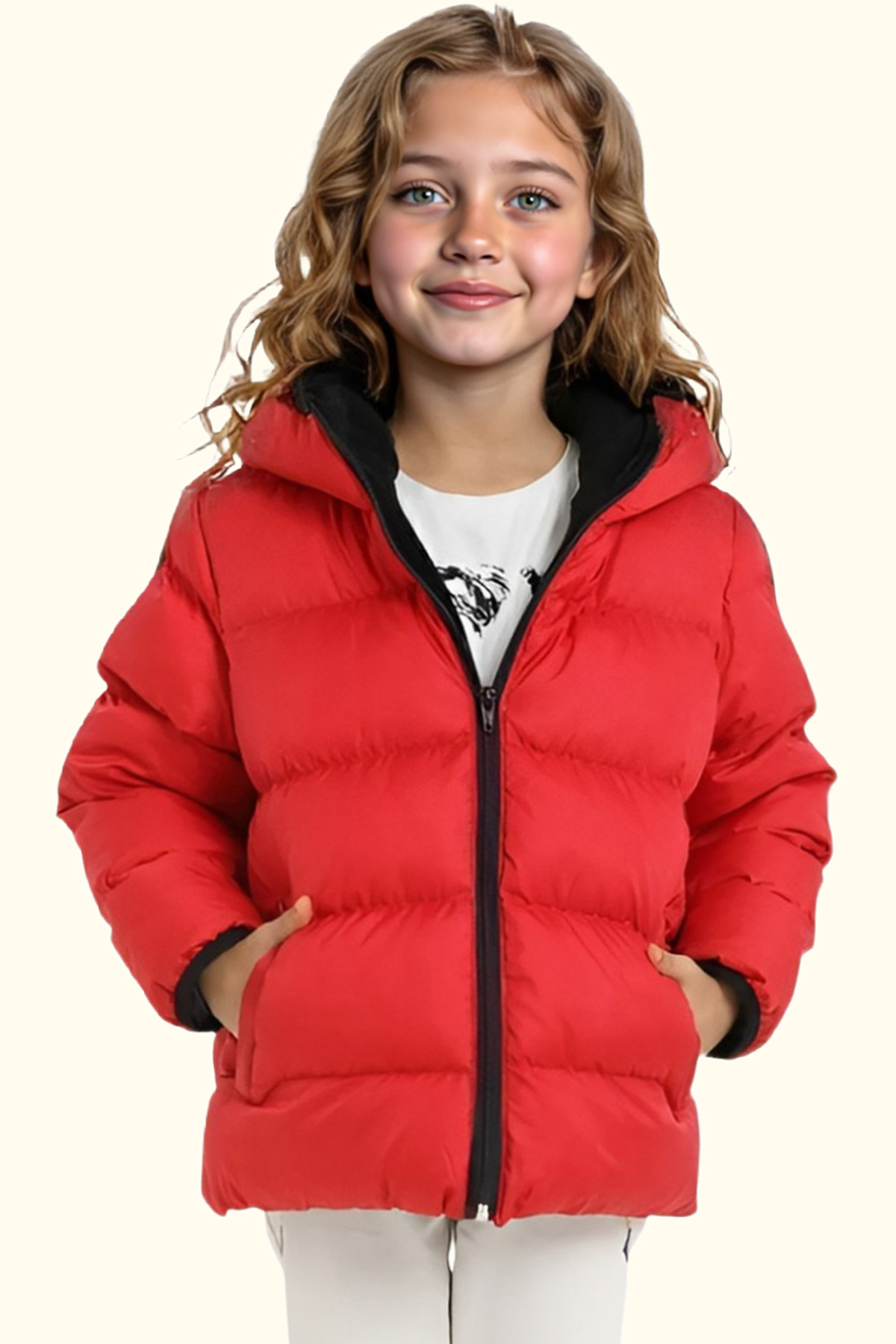 Girls Inflatable Winter Coat with Red Fleece Hooded Waterproof Windproof Pockets