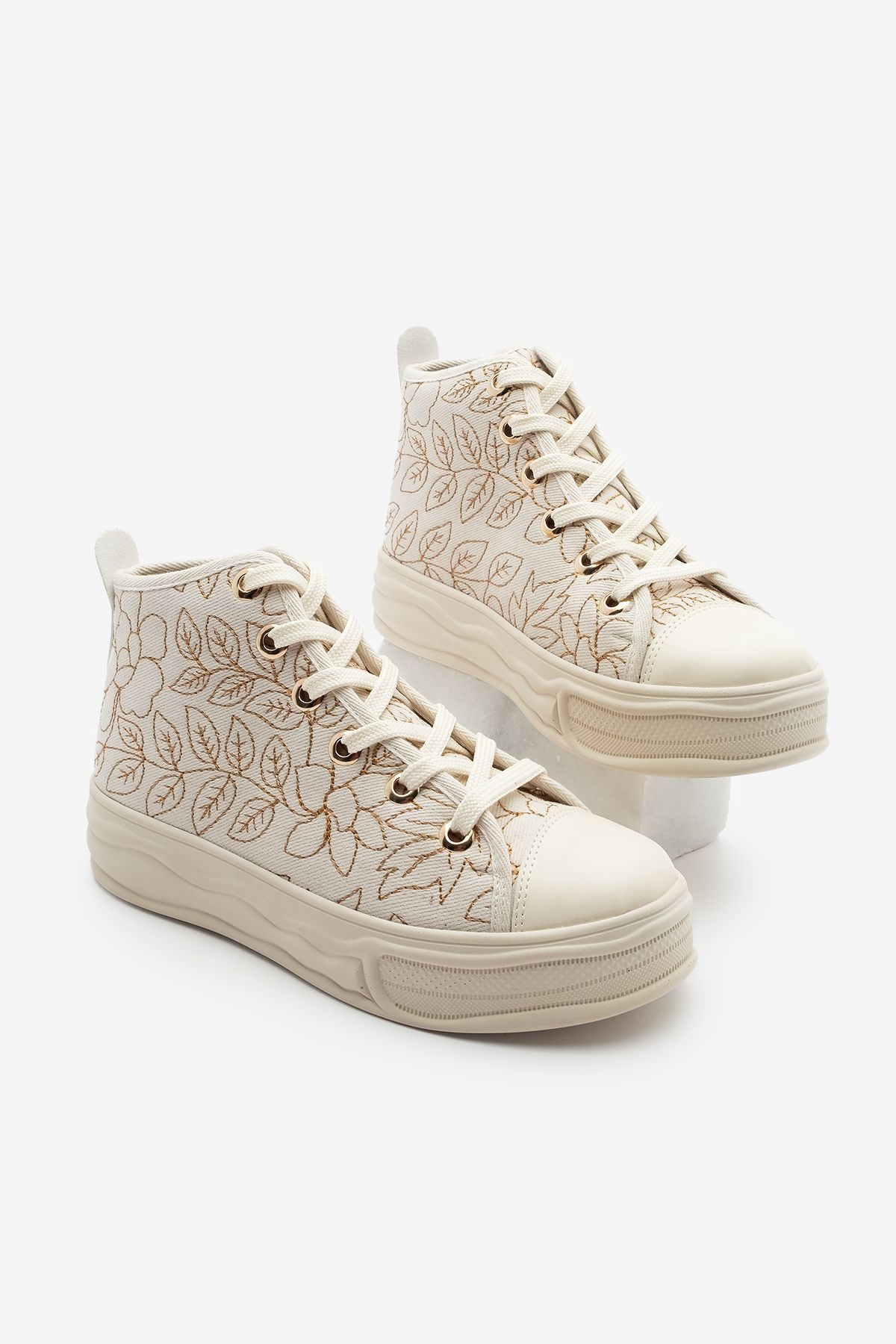 Marjin Kadın Sneaker Bağcıklı Bilekli Keten Nakışlı Spor Ayakkabı Havela Ekru