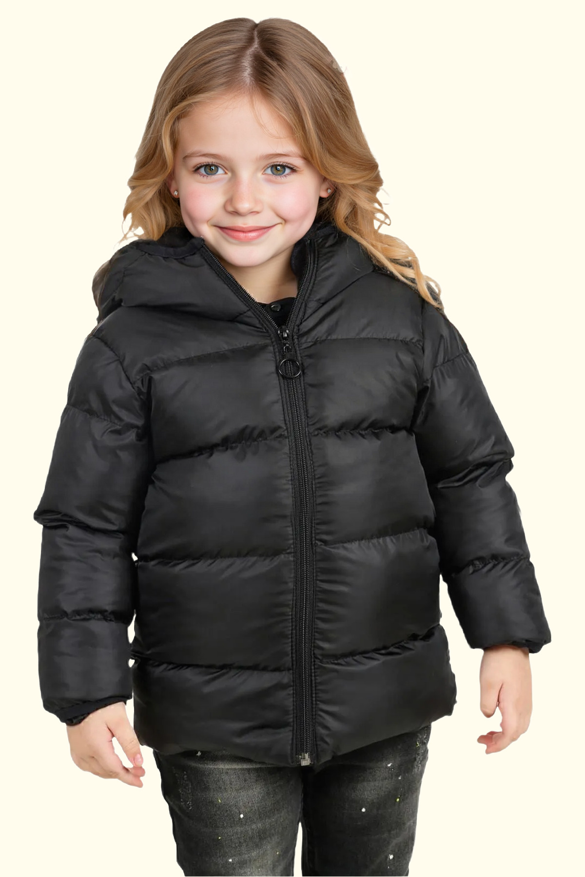 Girls Black Fleece Hooded Waterproof Windproof Inflatable Winter Coat & Coat