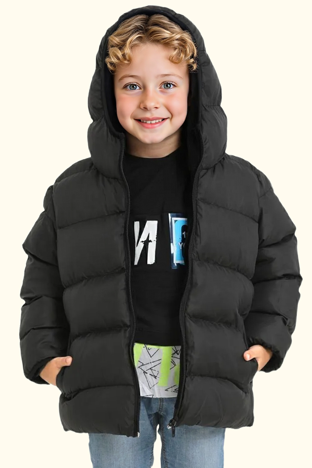 Boys Black Fleece Hooded Inflatable Winter Jacket with Windproof Pockets