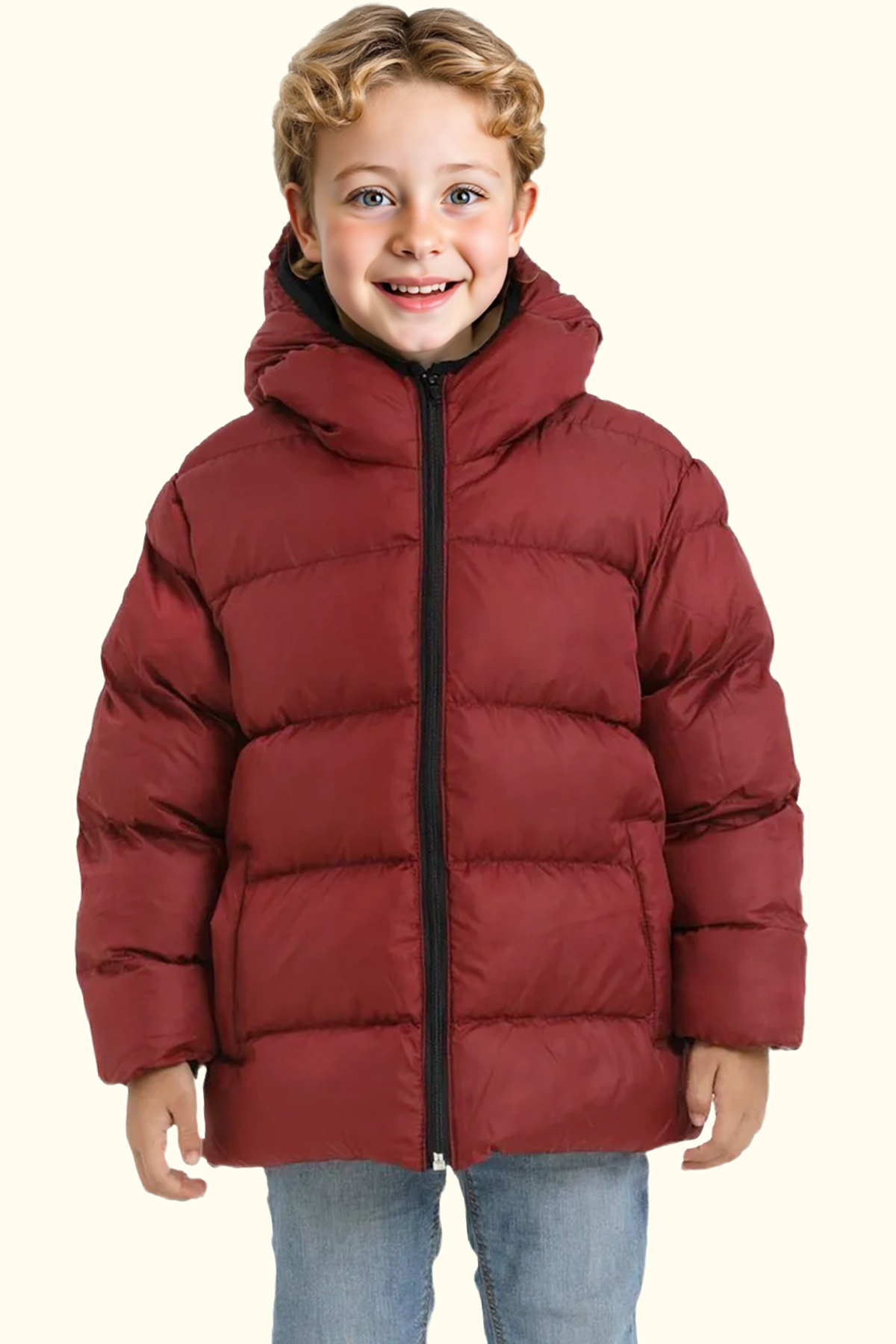 Boys Burgundy Fleece Hooded Inflatable Winter Jacket with Windproof Pockets