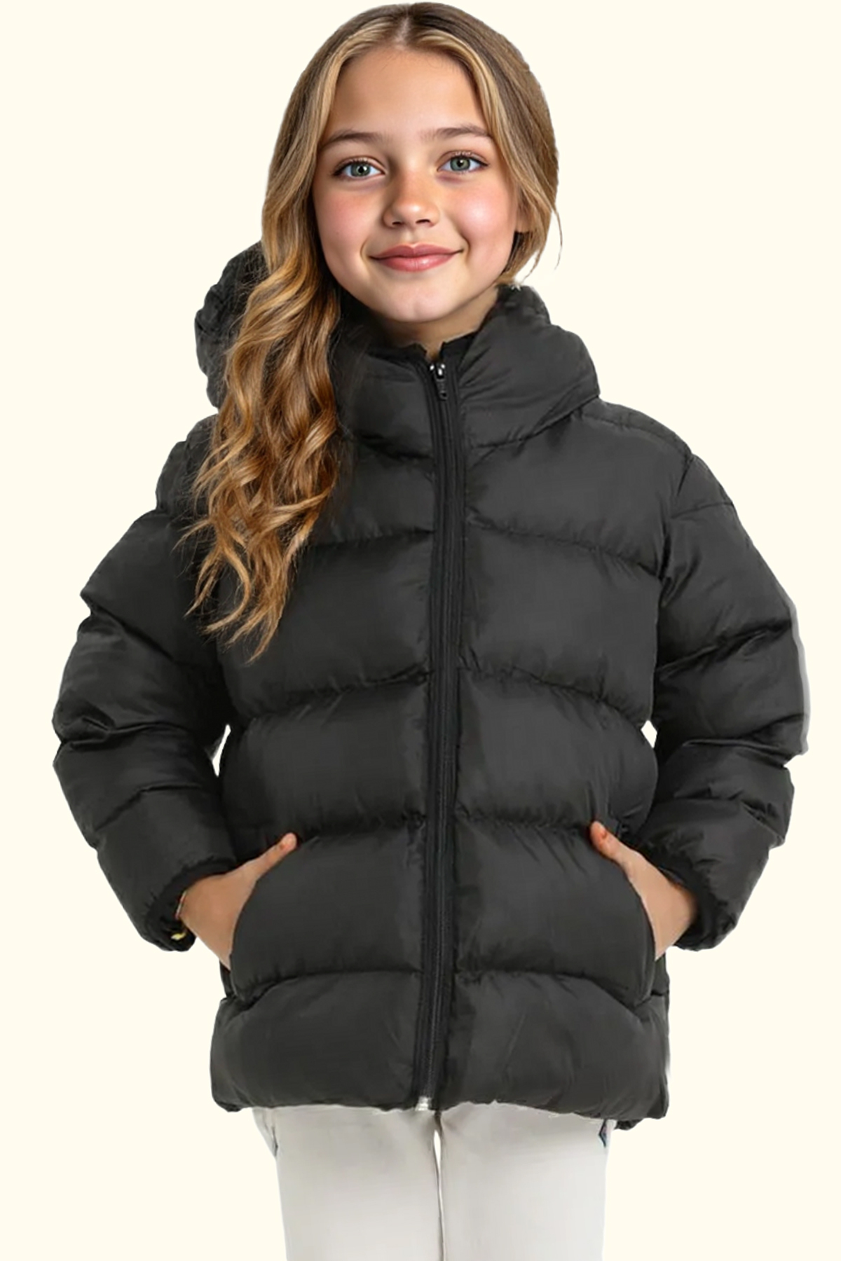 Girls Black Fleece Hooded Inflatable Winter Coat with Windproof Pockets