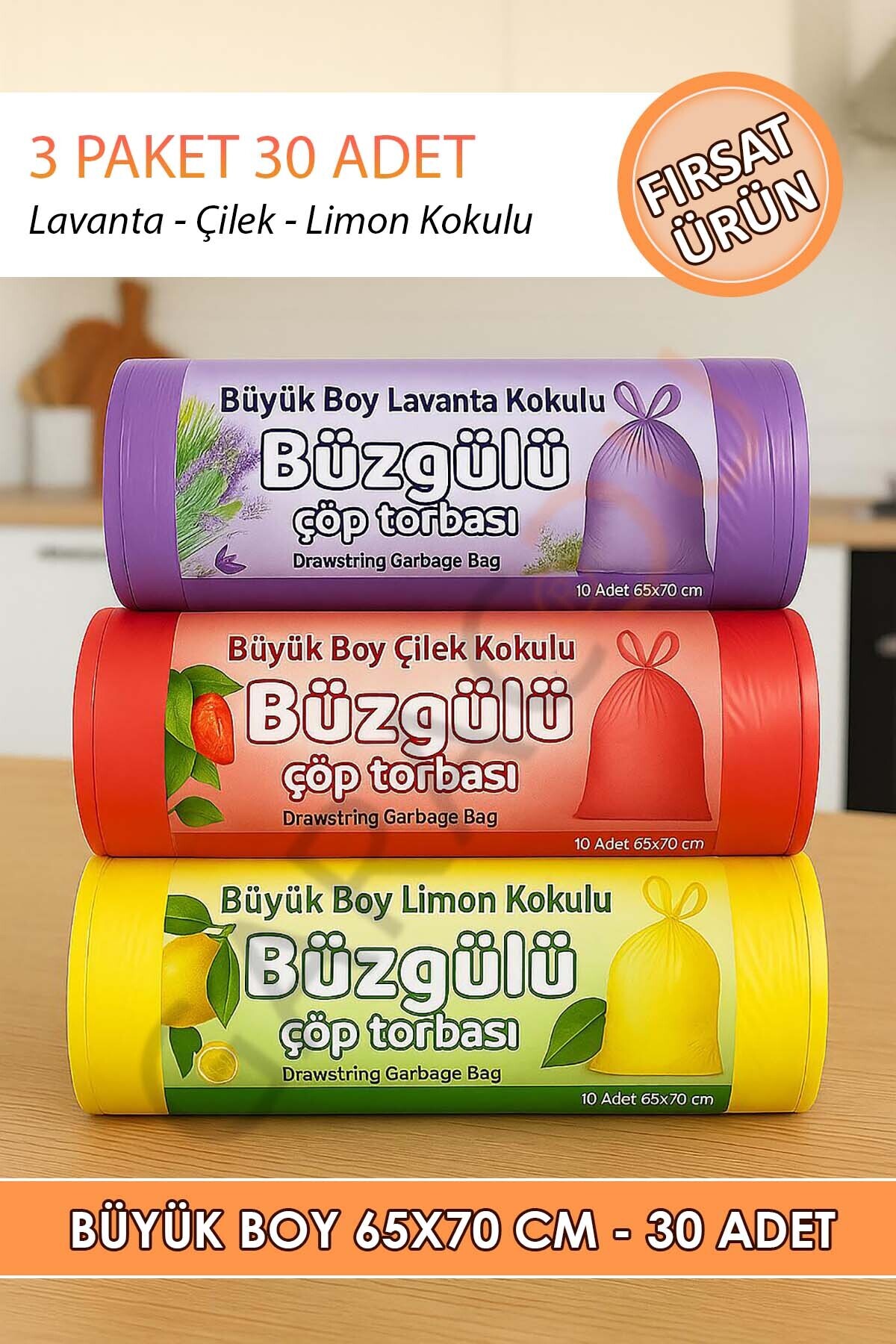 garaccu 30 Adet Büyük Boy Kokulu Büzgülü Çöp Poşetleri Limon Çilek Ve Lavanta Kokulu Çöp Torbaları 65x70 Cm