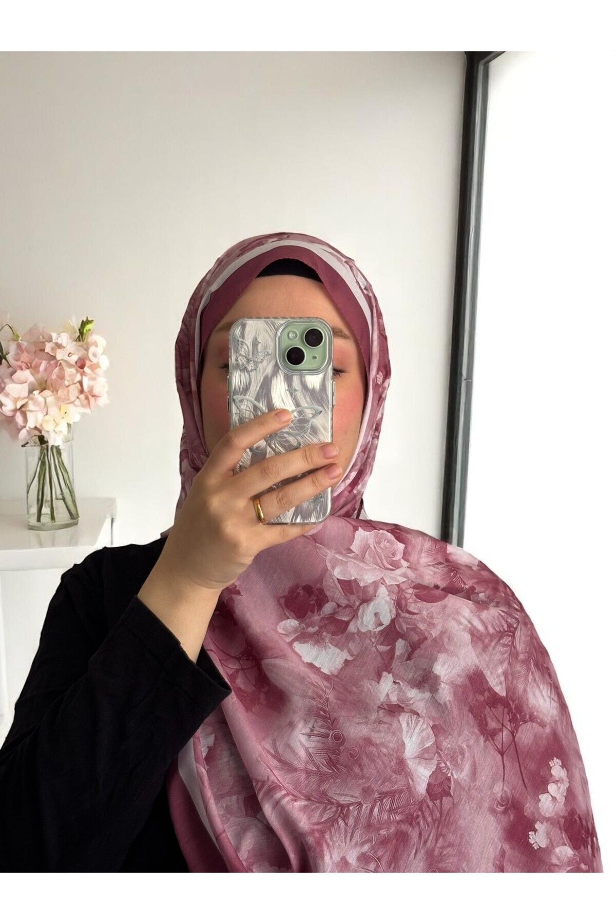 Lavena scarfs Flora Serisi Çiçekli Desen Pamuklu Dijital Soft Şal - Gül Kurusu
