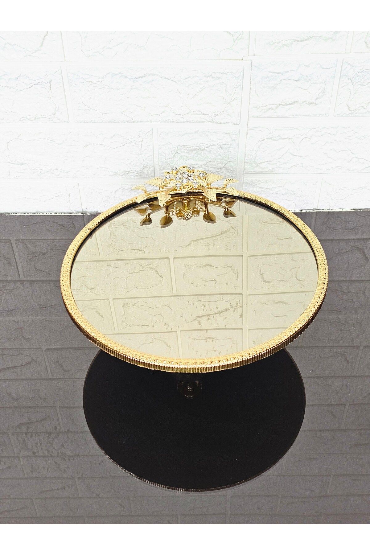 atabey home-Large Bronze Mirror Round Serving Plate 25cm - Presentation Cast Gold Frame and Cast Leg 3