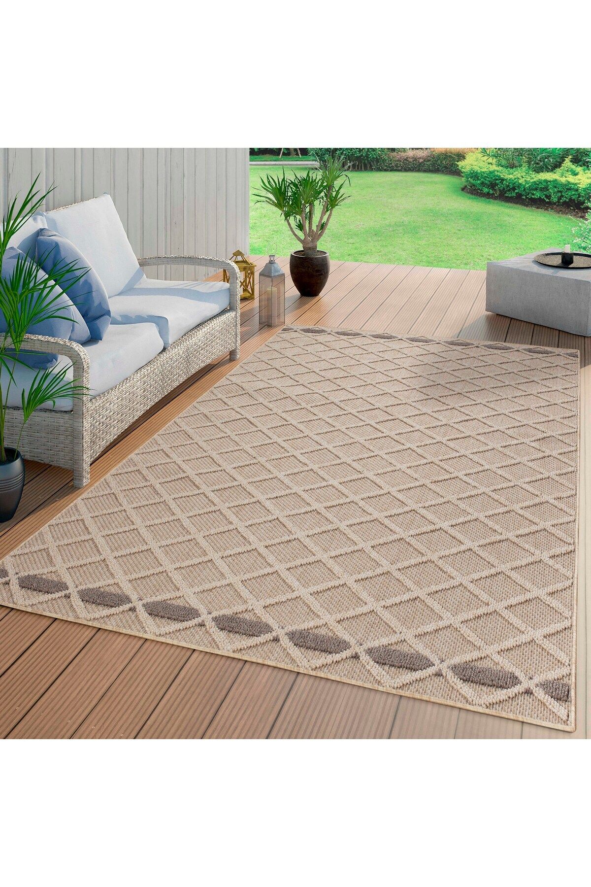 Enva Home Geometrik Çizgiler Modern Tasarımlar İskandinav Dokuma Taban İç ve Dış Mekan İnce Halı Bej