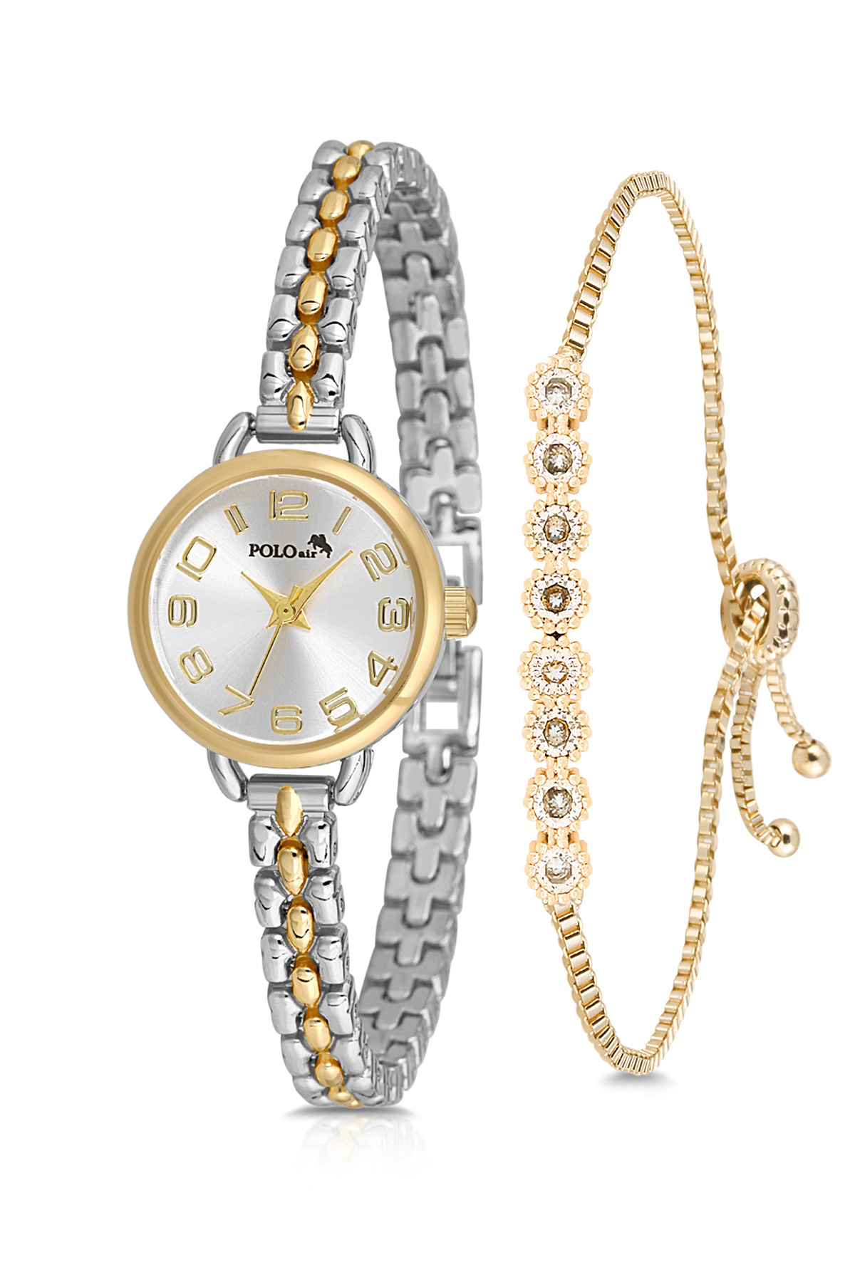Polo Air Minik Rakamlı Kadın Kol Saati Zirkon Taşlı Su Yolu Bileklik Kombin Gümüş Gold Renk PL-1541B3