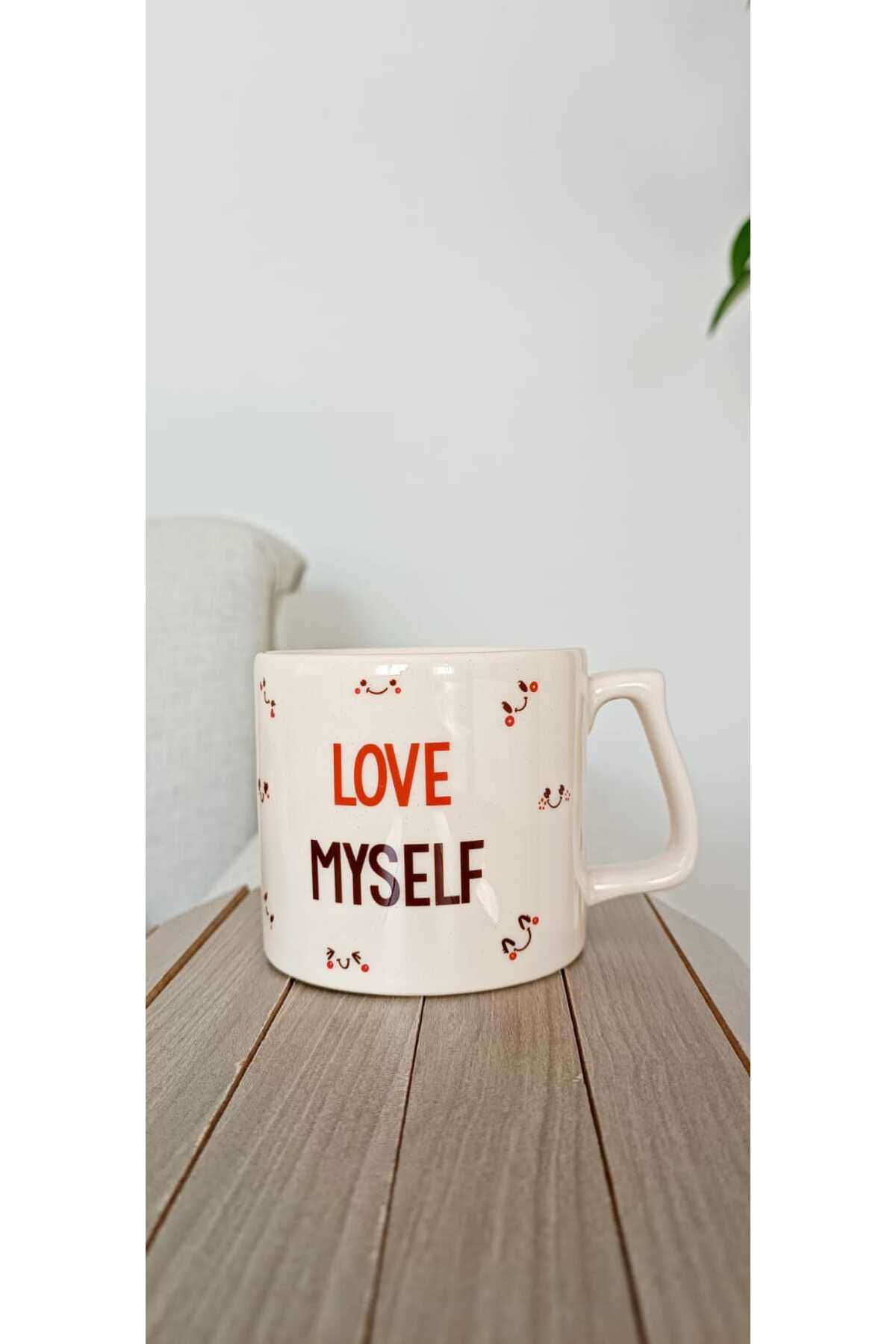 SERAMİK Love Myself Tasarım Çift Yön Baskılı Kupa Krem Renk