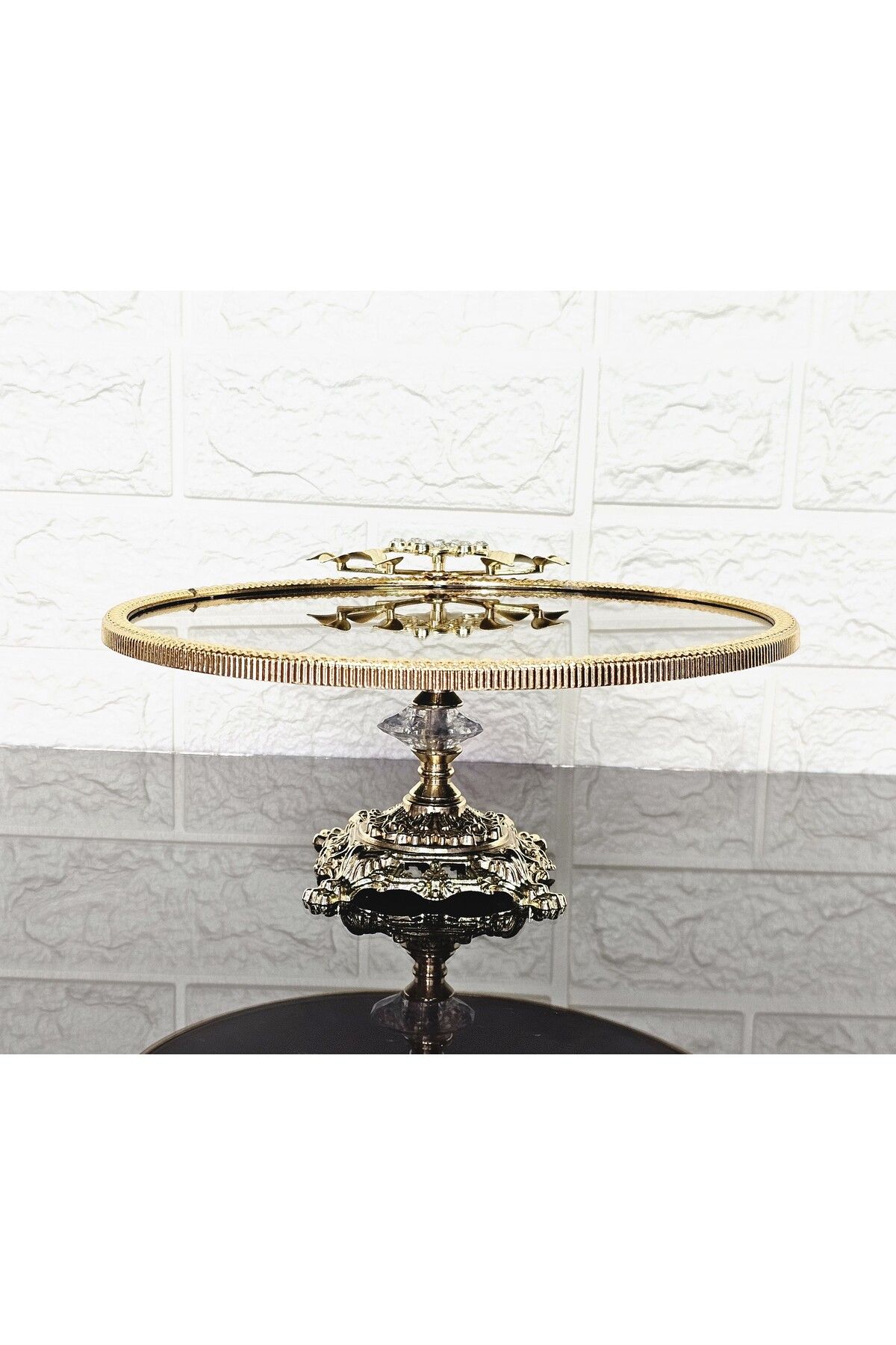 atabey home-Large Bronze Mirror Round Serving Plate 25cm - Presentation Cast Gold Frame and Cast Leg 2