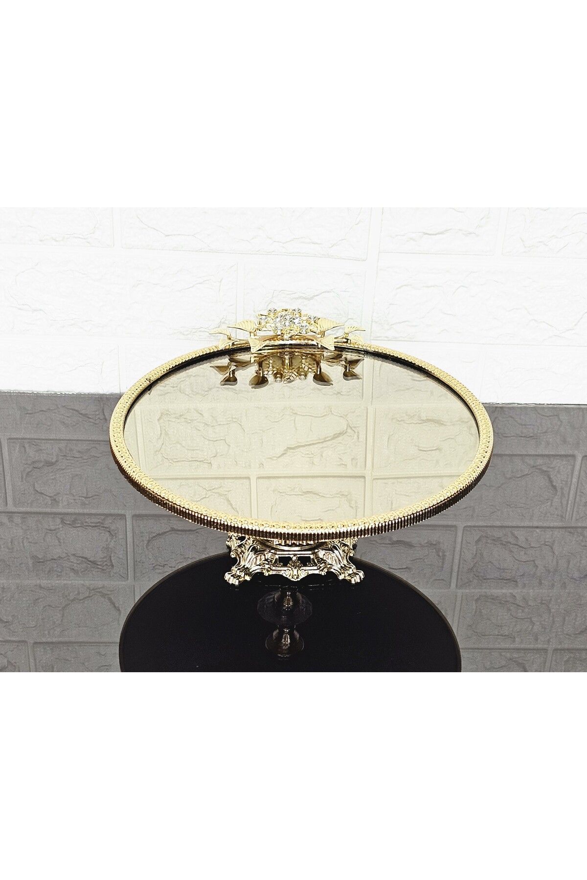 atabey home-Large Bronze Mirror Round Serving Plate 25cm - Presentation Cast Gold Frame and Cast Leg 4