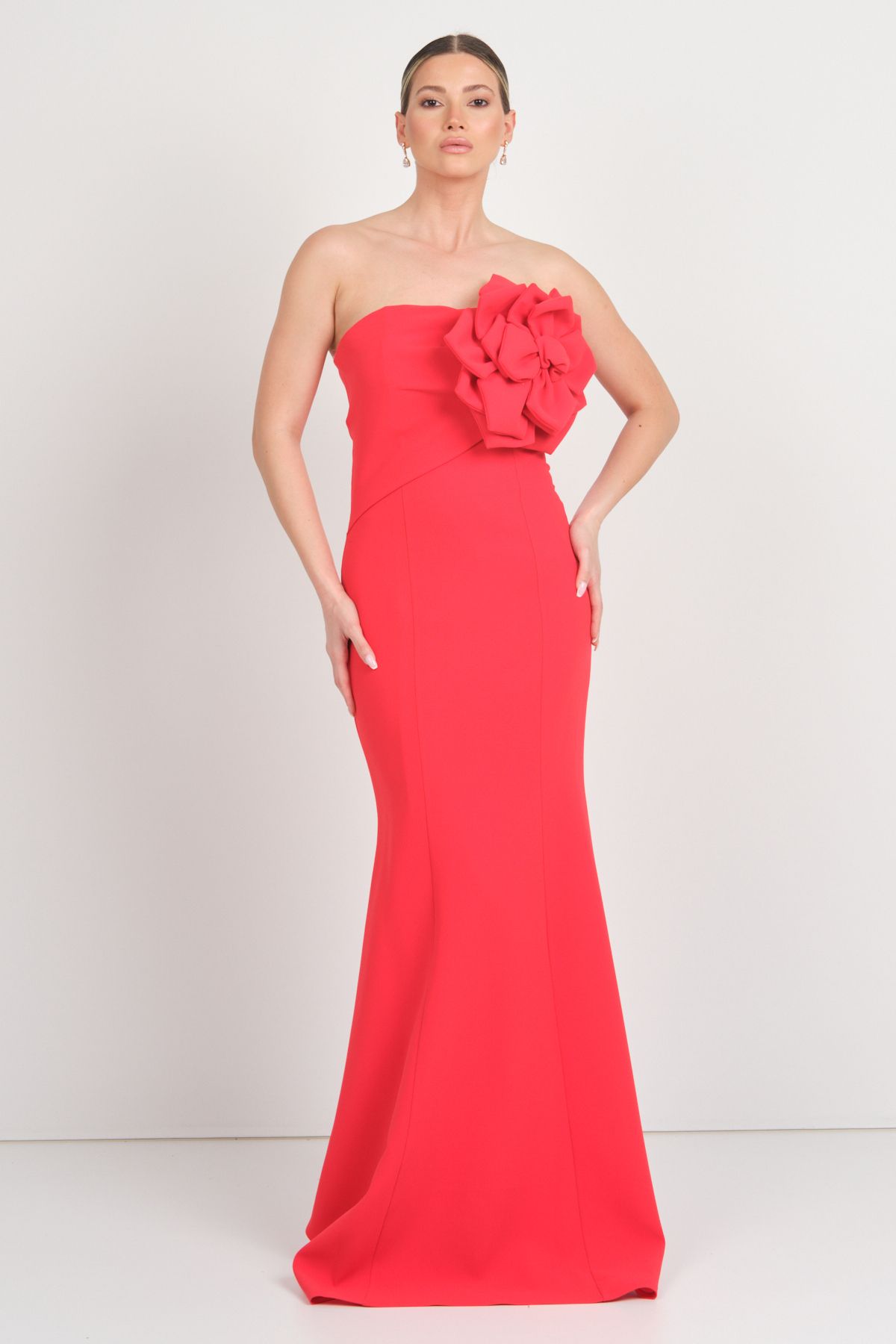Mor Sposa Kadın Straplez Krep Kumaş Balık Form Abiye Elbise 0013 Kırmızı