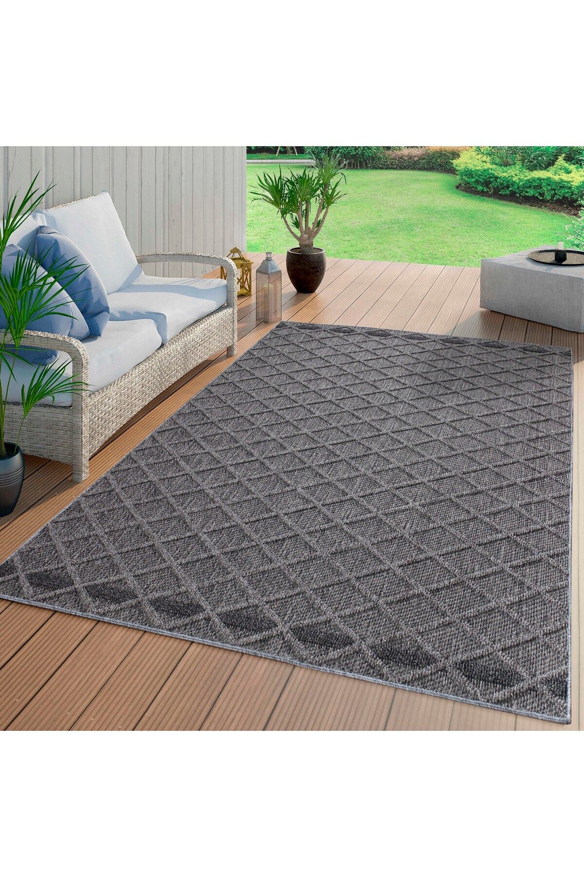 Enva Home Geometrik Çizgiler Modern Tasarımlar İskandinav Dokuma Taban İç ve Dış Mekan İnce Halı Gri