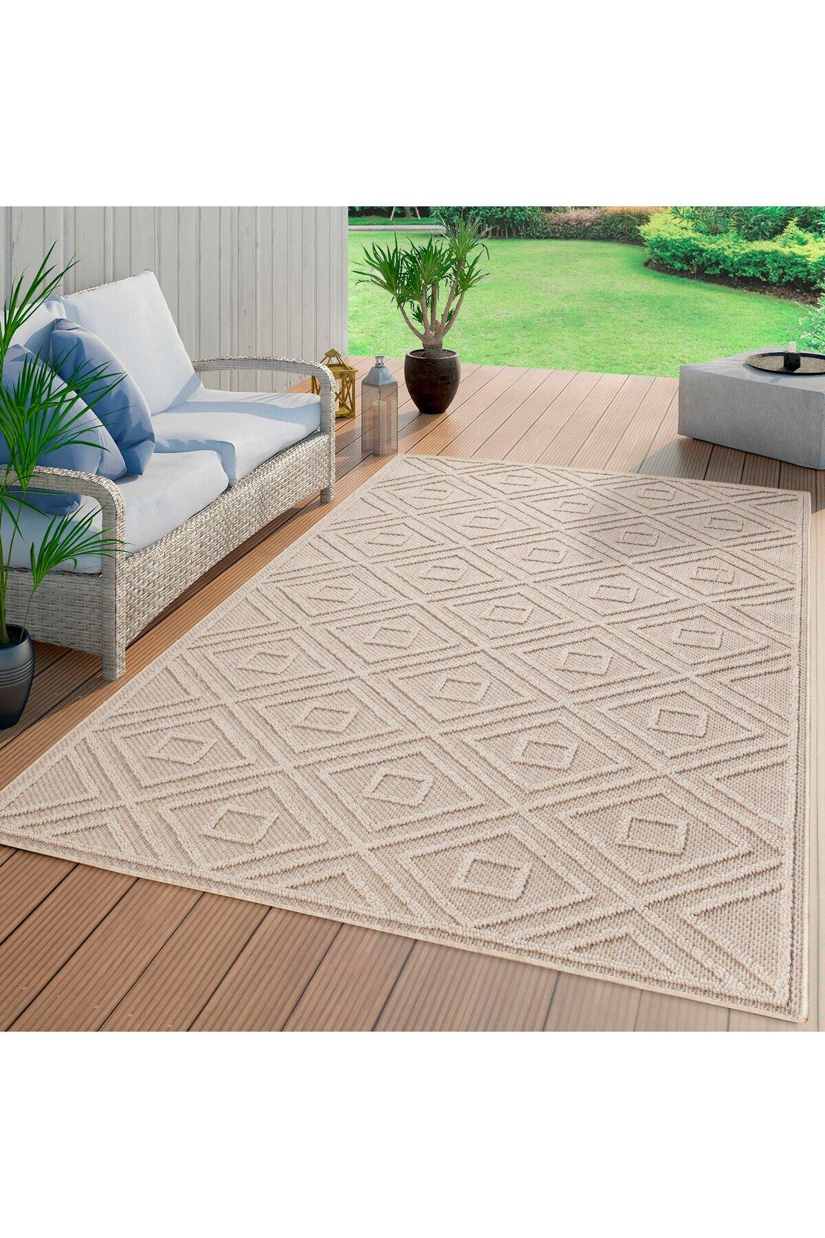 Enva Home Geometrik Çizgiler Modern Tasarımlar İskandinav Dokuma Taban İç ve Dış Mekan İnce Halı Bej