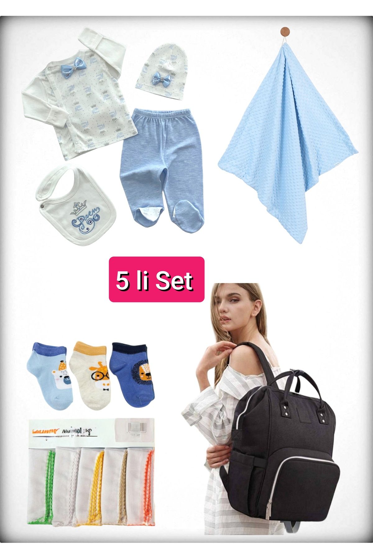 Avşar Baby 5 li Doğum Seti (Anne Bebek Çantası Hastane Çıkışı Battaniye 10 Lu Mendil Ve 3 Lü Çorap)