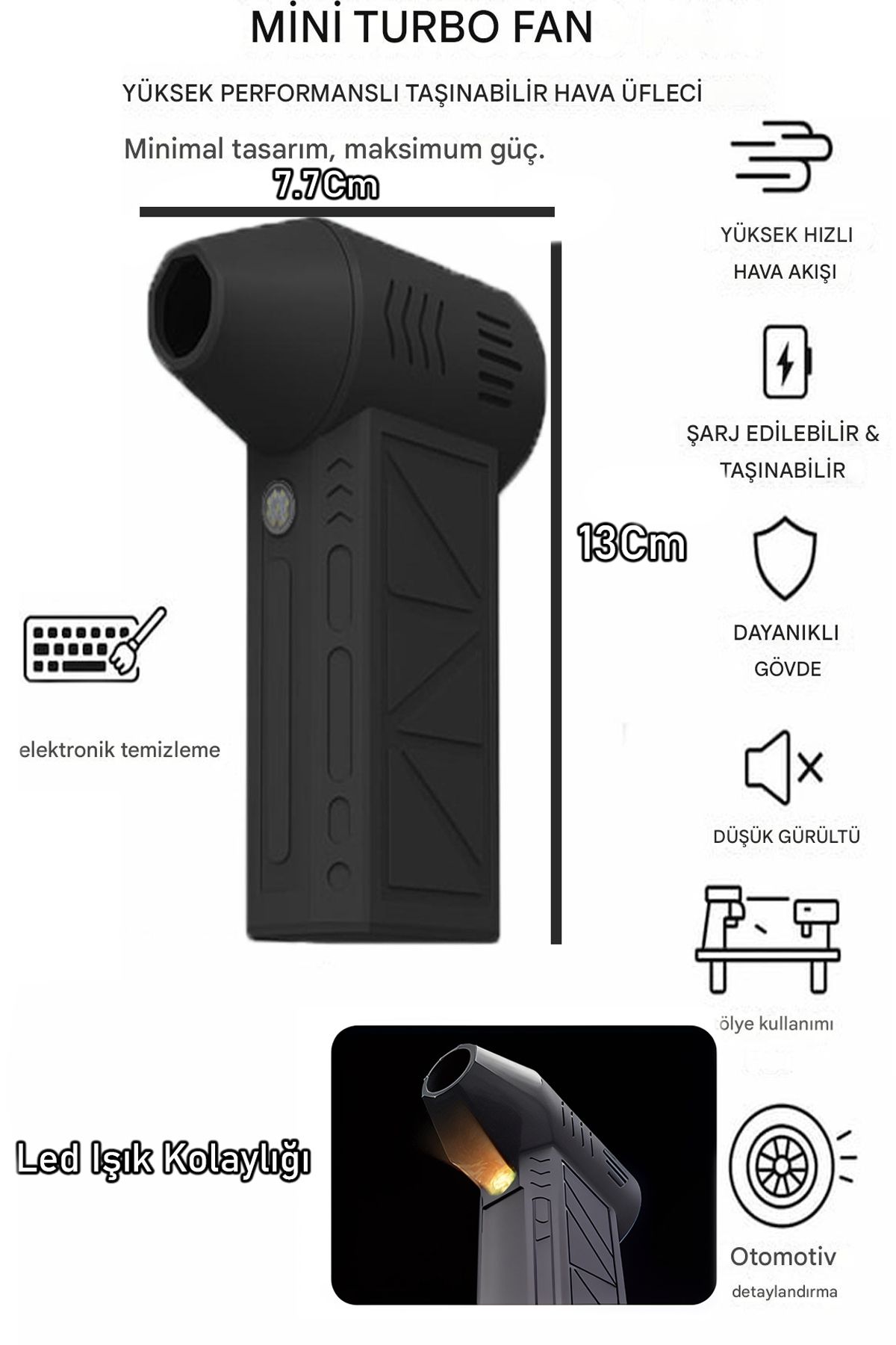 nextbuy Şarjlı Mini Turbo Jet Fan Mangal Üfleme Araç Mangal Toz Temizlik Fanı Hava Kompresörü Siyah ZY7400