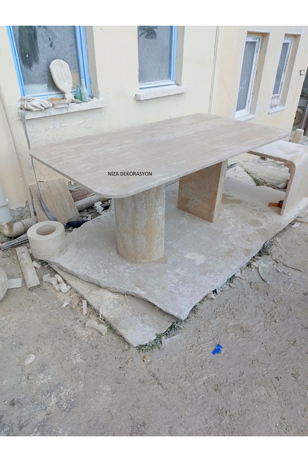 niza dekorasyon DOĞAL TRAVERTEN YARIM AY AYAK YEMEK MASASI