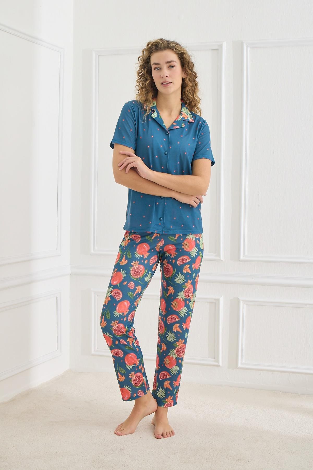 Kompedan Kadın Desenli Polo Yaka Likralı Pijama Takım | İndigo 70110-855