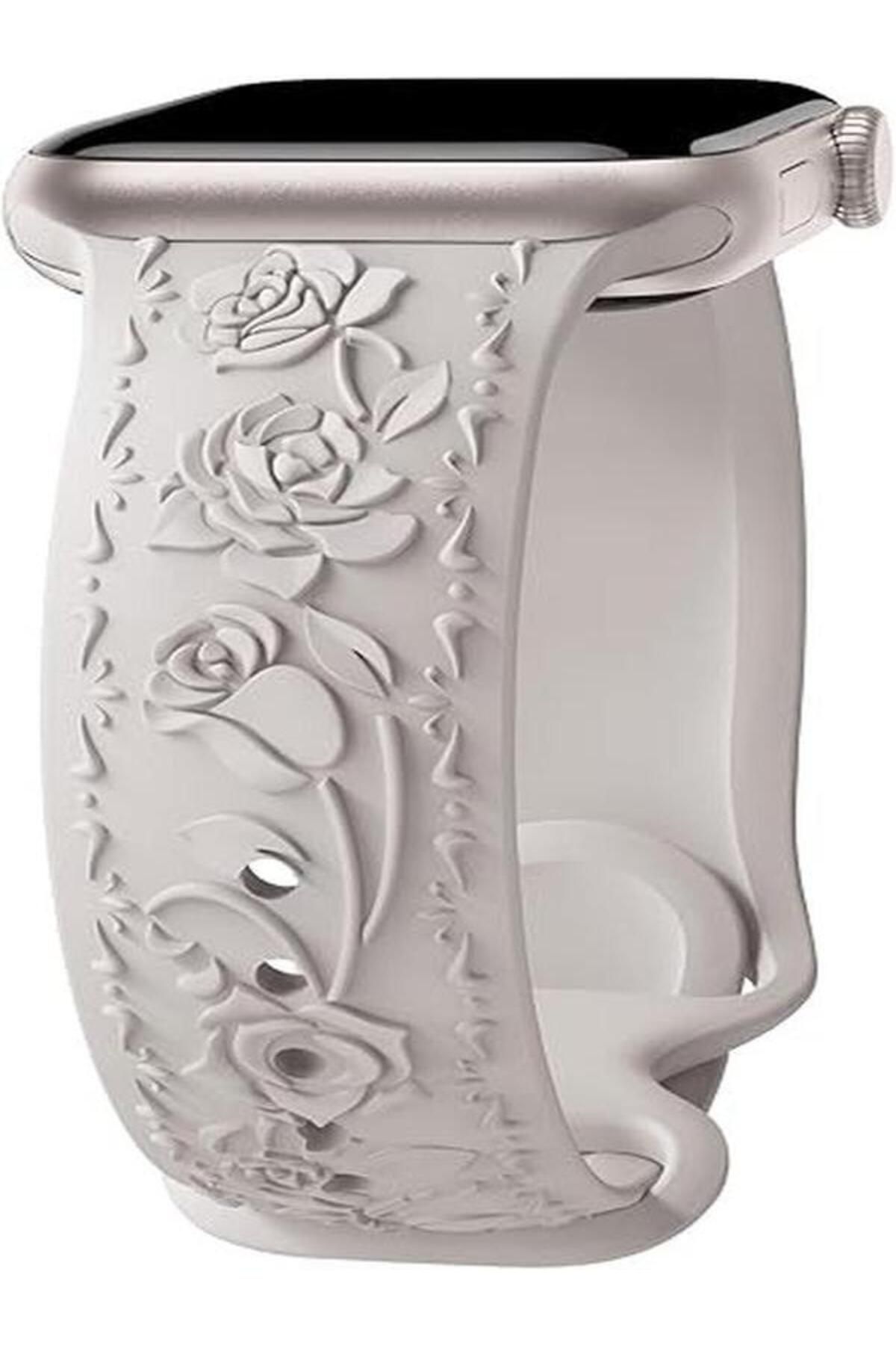 Alstrap Apple Watch 10 42mm 4 5 6 7 8 9 Se 38 40 41mm Uyumlu Kabartma Gül Desenli Silikon Kordon Kayış