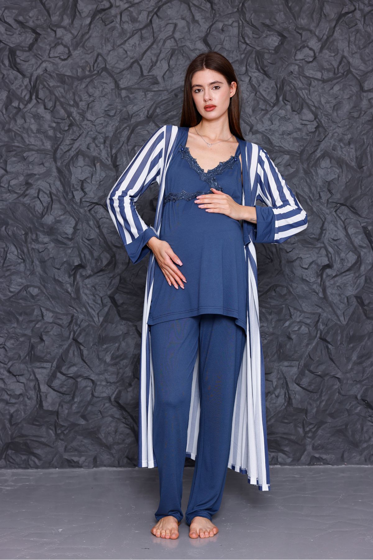 Yulem Homewear Lacivert Askılı Emzirme Özellikli Lohusa Hamile Sabahlıklı 3'lü Pijama Takım Set