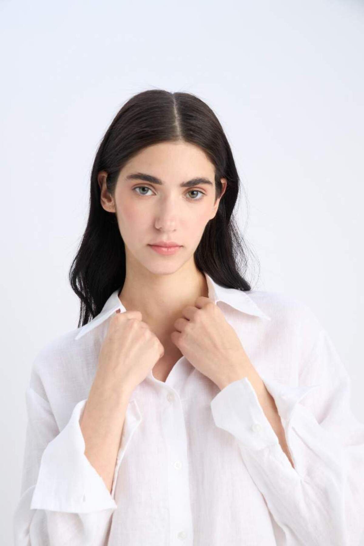 DeFacto-New Season 100% Linen Oversize Wide Fit Long Sleeve White Shirt 7