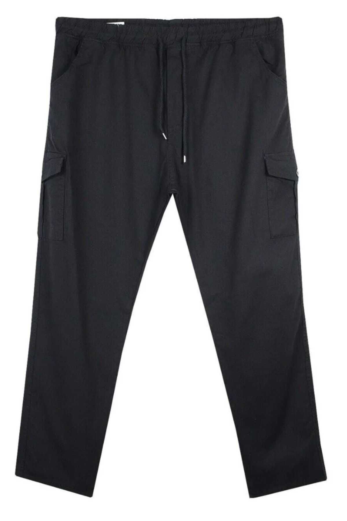 AKTEZ-EL Erkek Büyük Beden Gabardin Pantolon Siyah Kargo Cepli Jogger Beli Lastikli