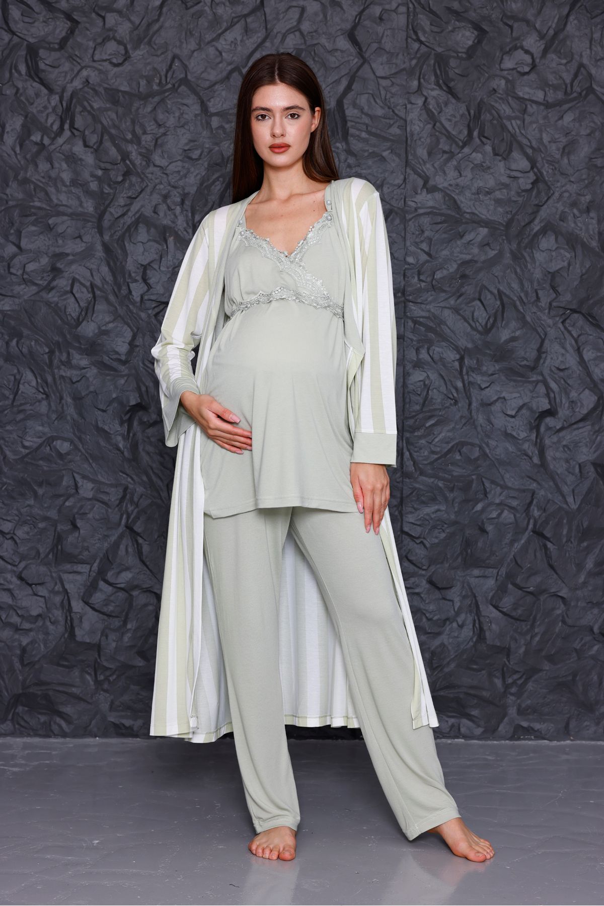 Yulem Homewear Yeşil Askılı Emzirme Özellikli Lohusa Hamile Sabahlıklı 3'lü Pijama Takım Set