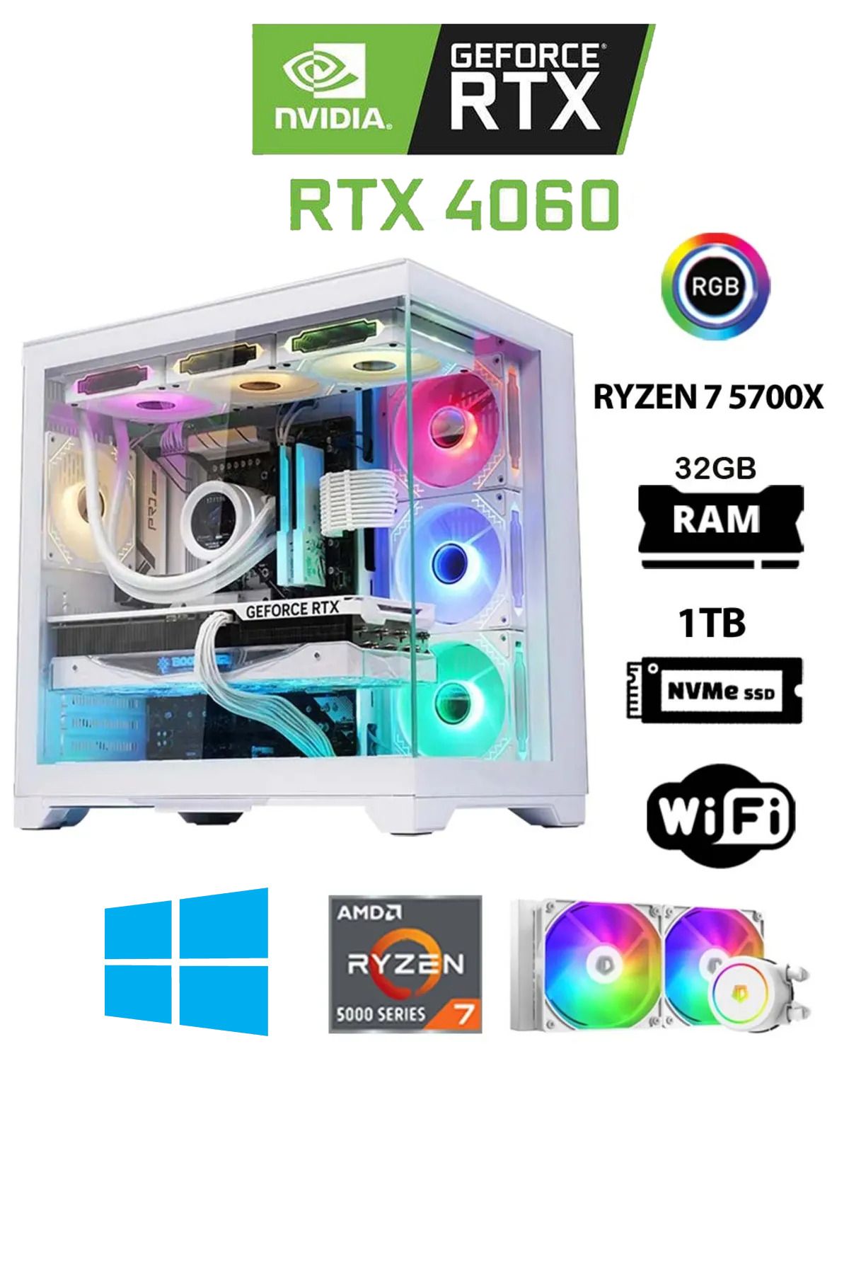 Dmc N316 (PUBG,GTA 5) Ryzen 7 5700X 32GB RAM 1TB M.2,8GB RTX4060 Sıvı Soğutmalı Oyuncu Bilgisayarı
