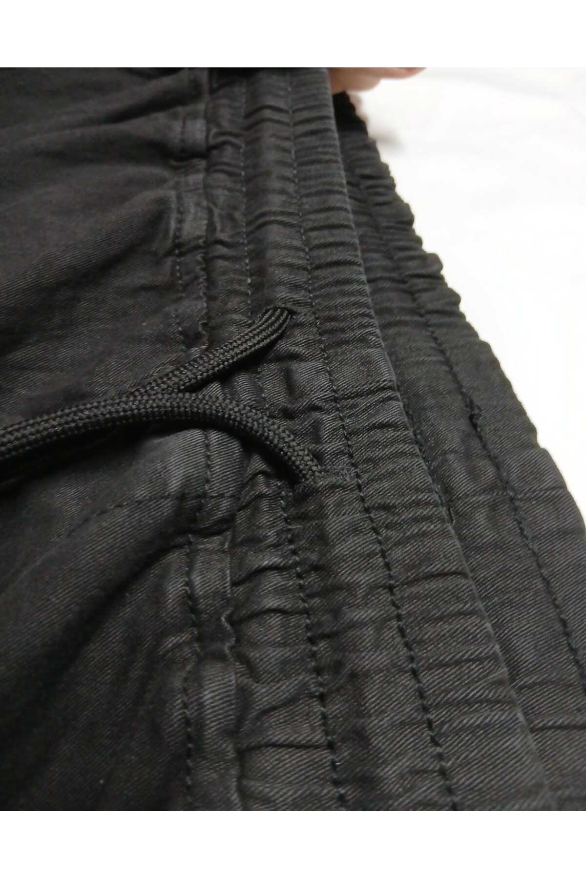 AKTEZ-EL Erkek Büyük Beden Gabardin Pantolon Siyah Kargo Cepli Jogger Beli Lastikli görsel 3