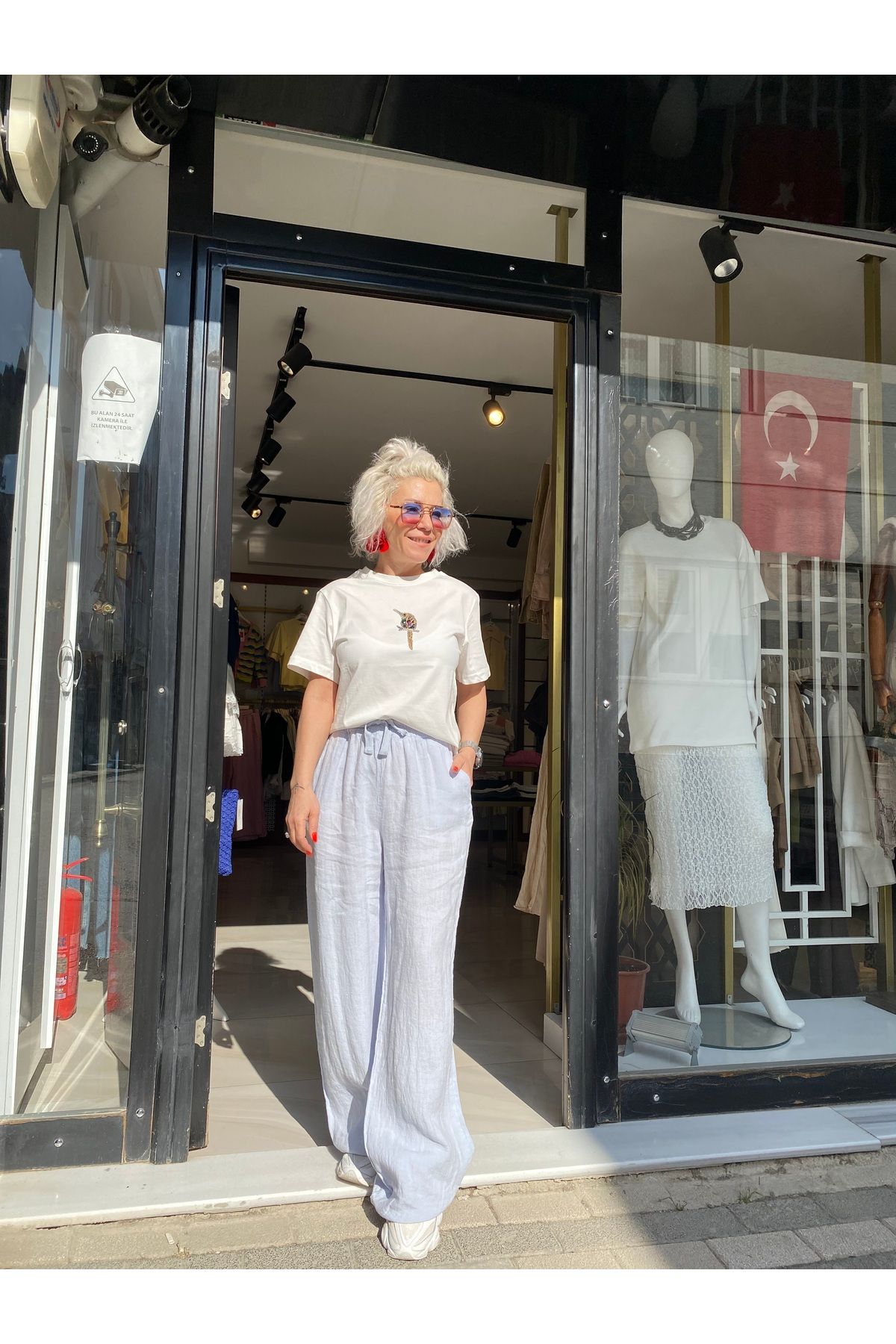özlem adaşoğlu boutique BELİ LASTİKLİ BOL PAÇA KETEN PANTOLON
