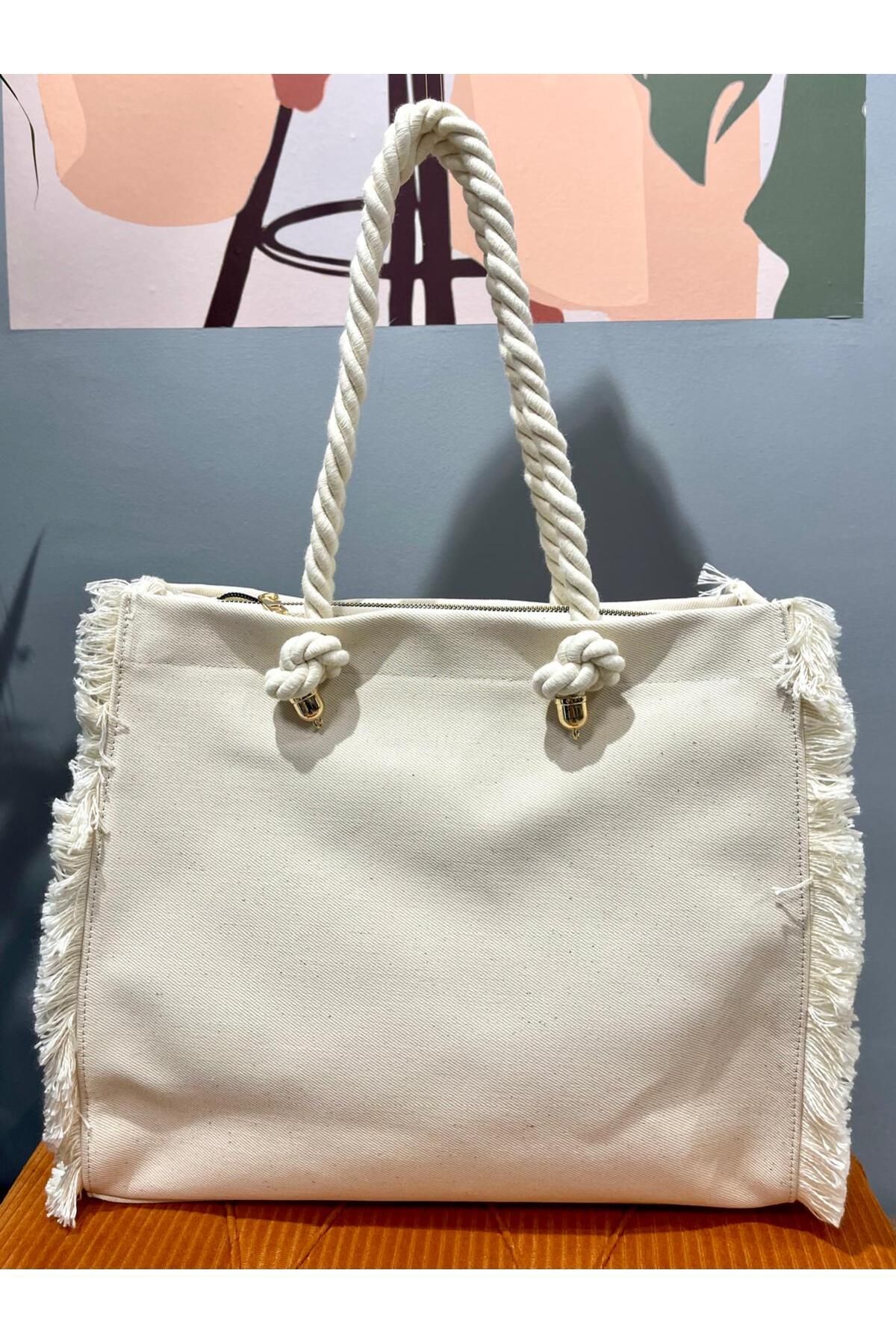 ARZU ÖZEL MODA ATÖLYESİ Halat Askılı Bej Kumaş Çanta.