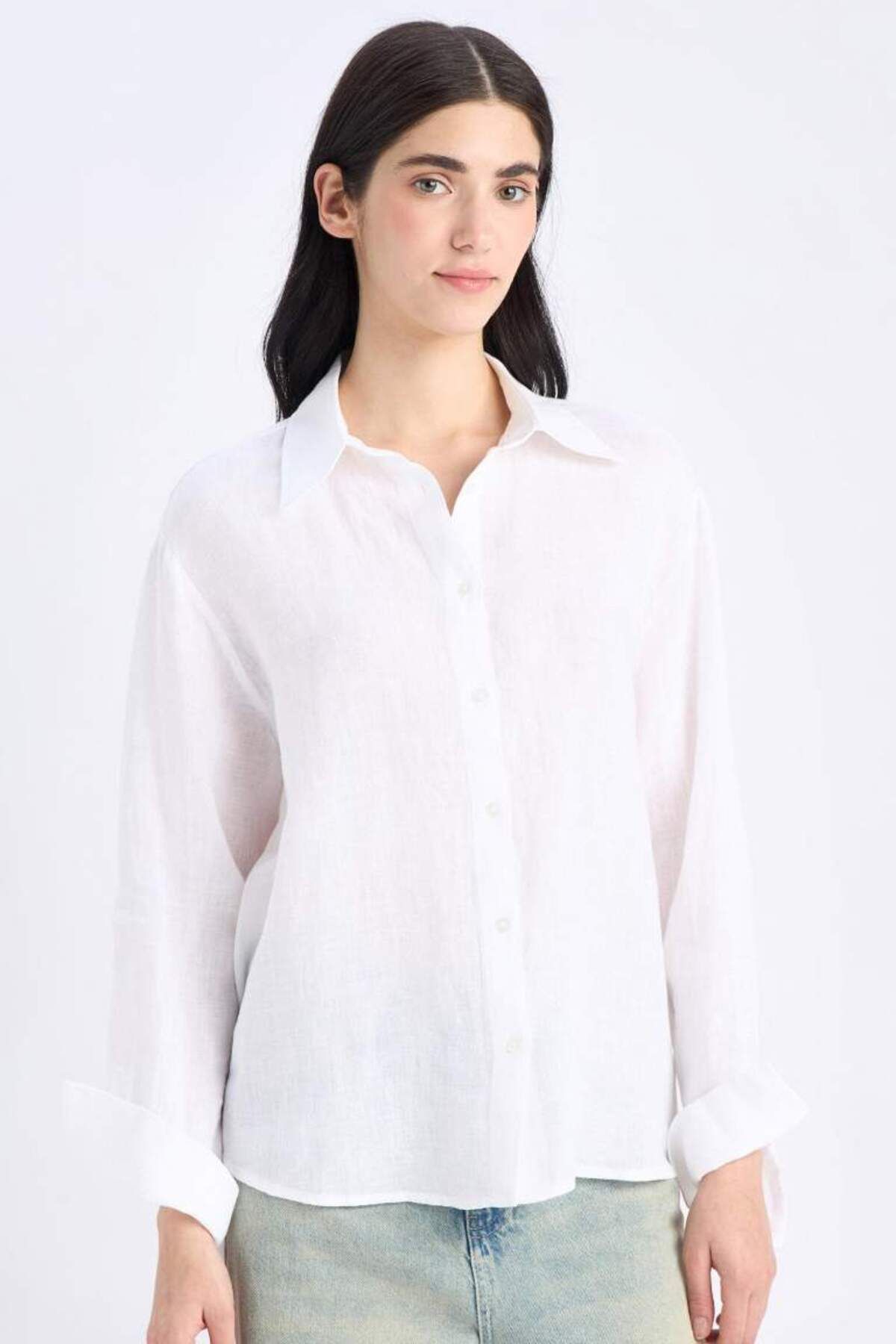 DeFacto-New Season 100% Linen Oversize Wide Fit Long Sleeve White Shirt 4