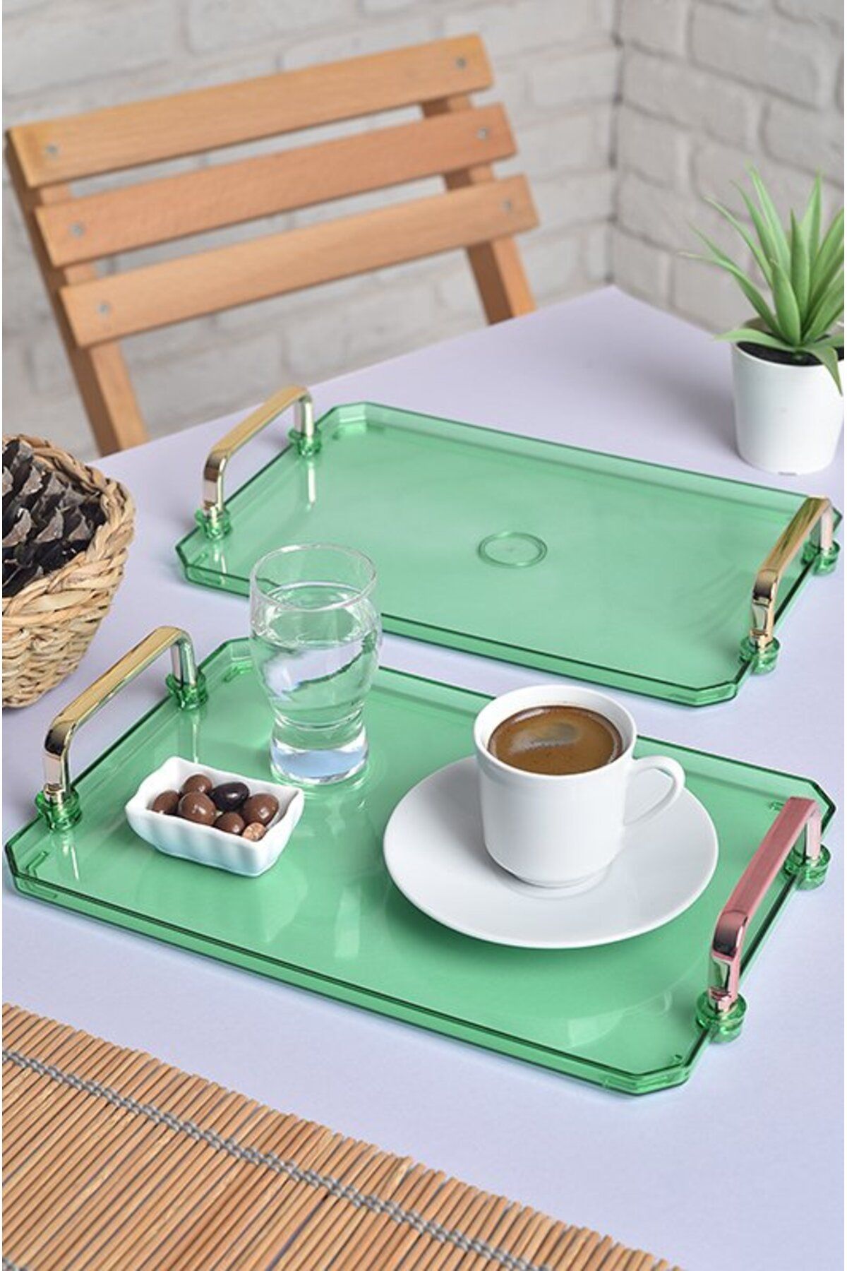 ŞURAMUTFAK Gold Kulplu Türk Kahvesi Sunum Tepsisi | 2'li Şık Set 25x17cm